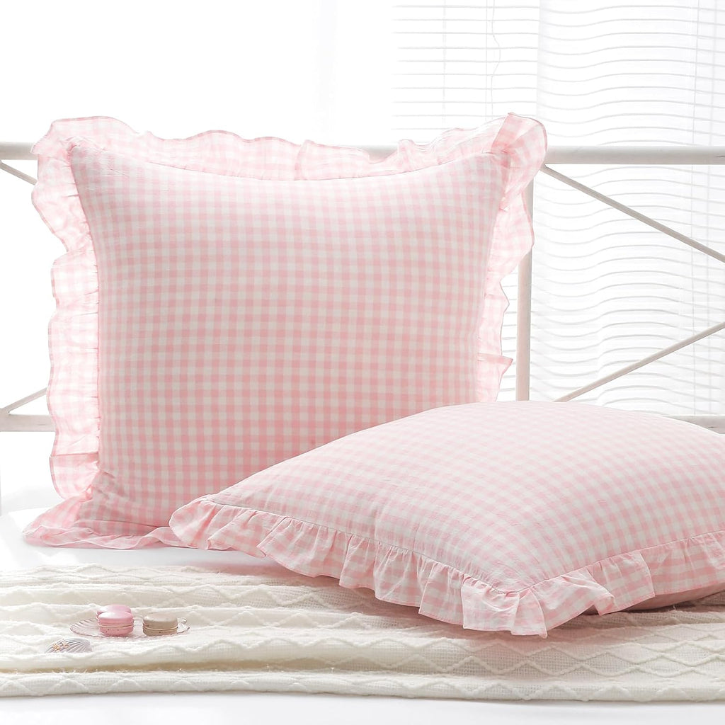 Kmasaniji 2 Pack Blush Gingham Ruffle Euro Pillow Sham Covers, 100% Washed Cotton Plaid Checkered Farmhouse Decorative Pillow Shams for Bed…