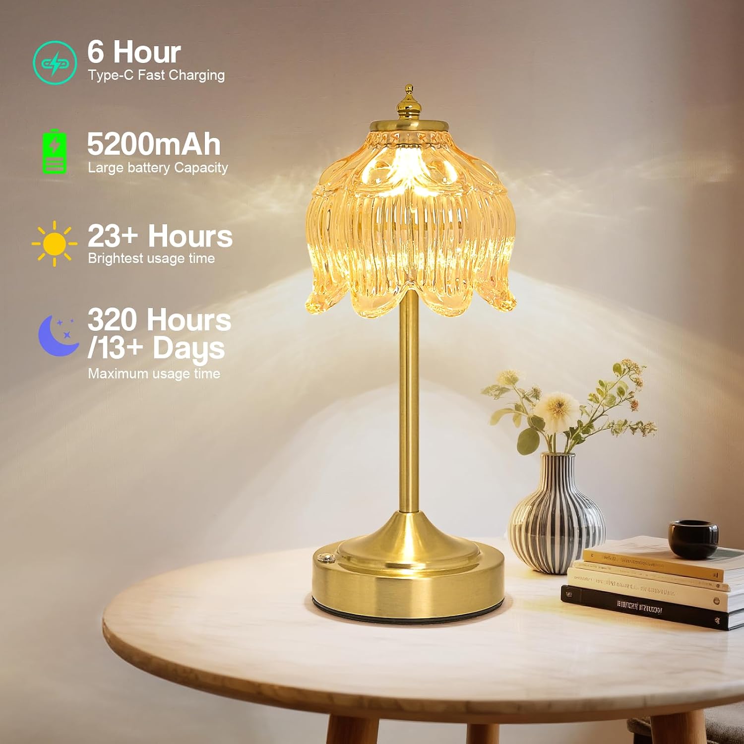 Cordless Lotus Flower Table Lamp, 5200mAh Rechargeable Battery Operated Portable Lamp, 3-Color Dimmable Touch Control Small Desk Lamp for…