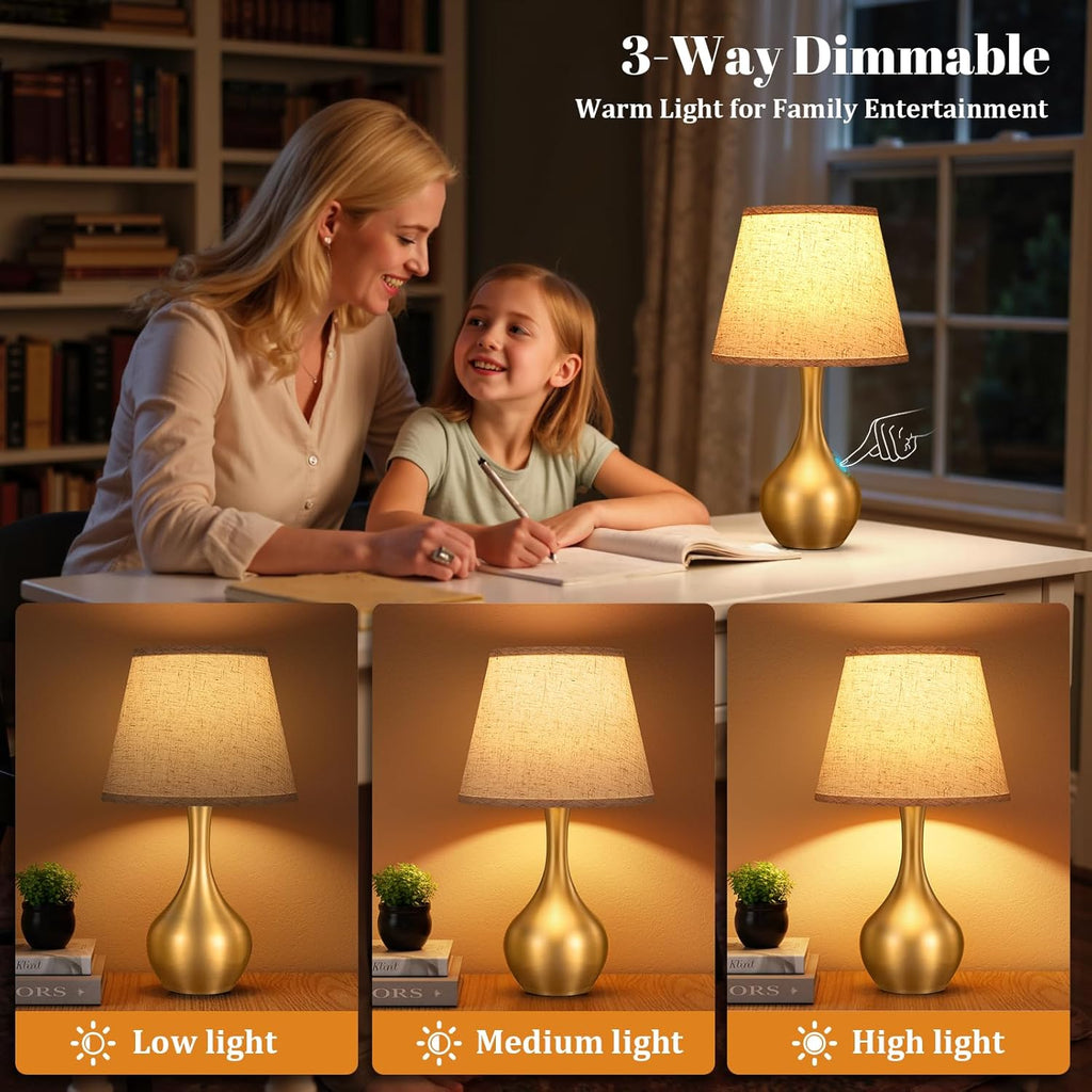 Seealle Touch Table Lamp for Bedroom, 3-Way Dimmable Small Bedside Lamps for Night Stands with Wires, Gold Desk Lamp for Kids Room…