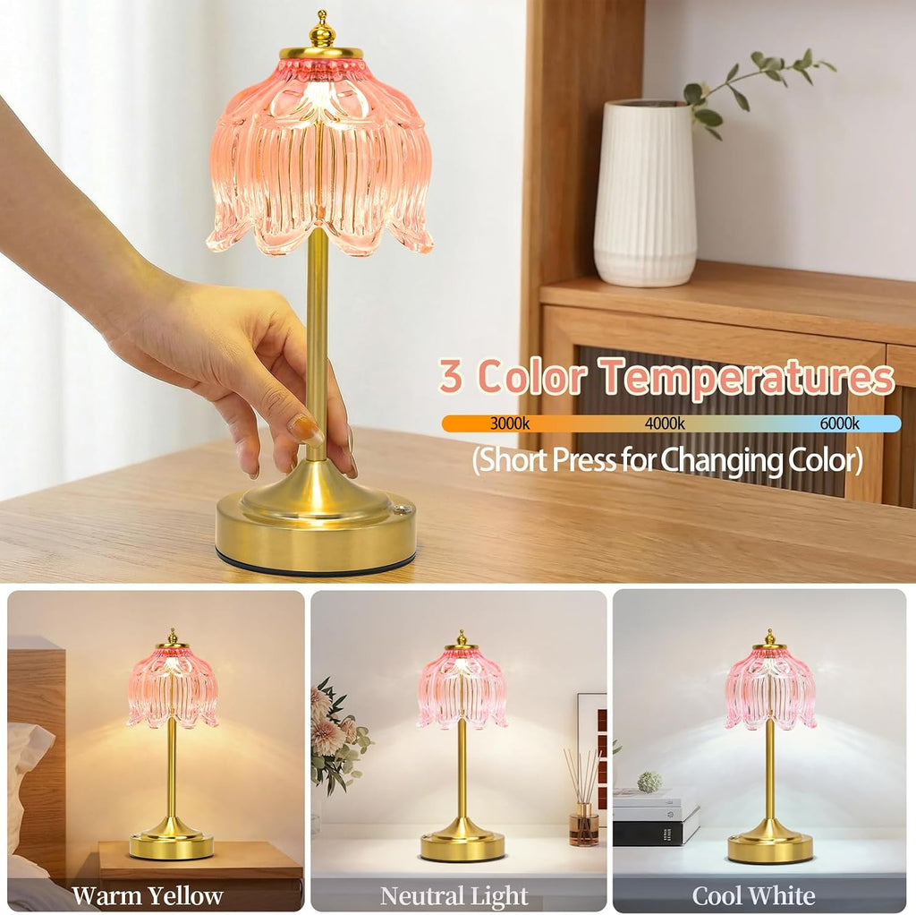 Cordless Lotus Flower Table Lamp, 5200mAh Rechargeable Battery Operated Portable Lamp, 3-Color Dimmable Touch Control Small Desk Lamp for…