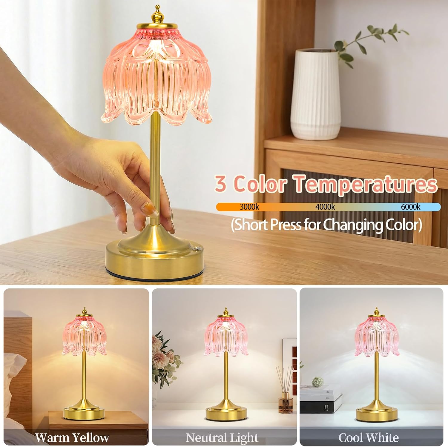 Cordless Lotus Flower Table Lamp, 5200mAh Rechargeable Battery Operated Portable Lamp, 3-Color Dimmable Touch Control Small Desk Lamp for…