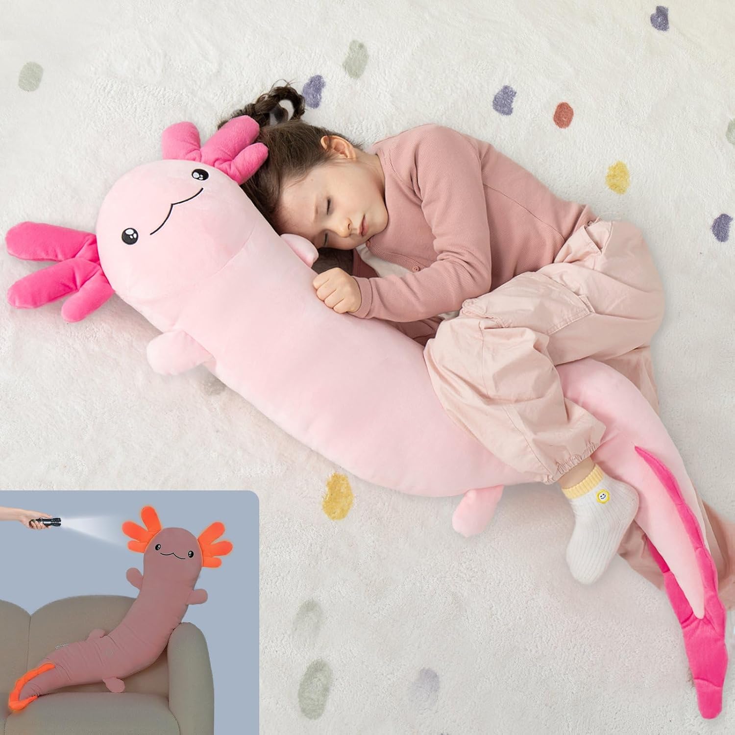 MaoGoLan Giant Axolotl Plush Body Pillow for Girls, Hot Pink Axolotl Stuffed Animal for Kids Adults, Large Salamander Plush Glow in The Dar…