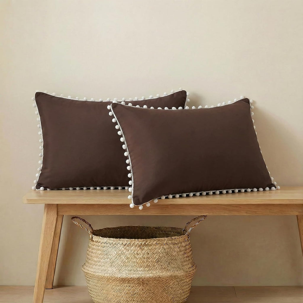 Moveover Dark Brown Pom Poms Pillowcases, Standard Queen Size Pillow Cases Set of 2, 100% Washed Microfiber, Chocolate Ball Fringe Pillow Co…