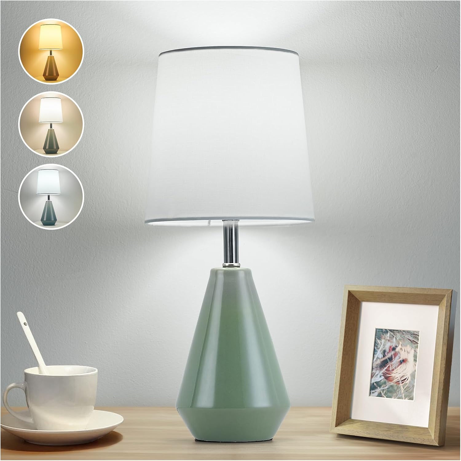 Small Bedside Table Lamp for Bedroom - Reading Desk Lamp with 3 Color Temperatures,15.5" Nightstand Ceramic Lamp with Fabric Shade for…