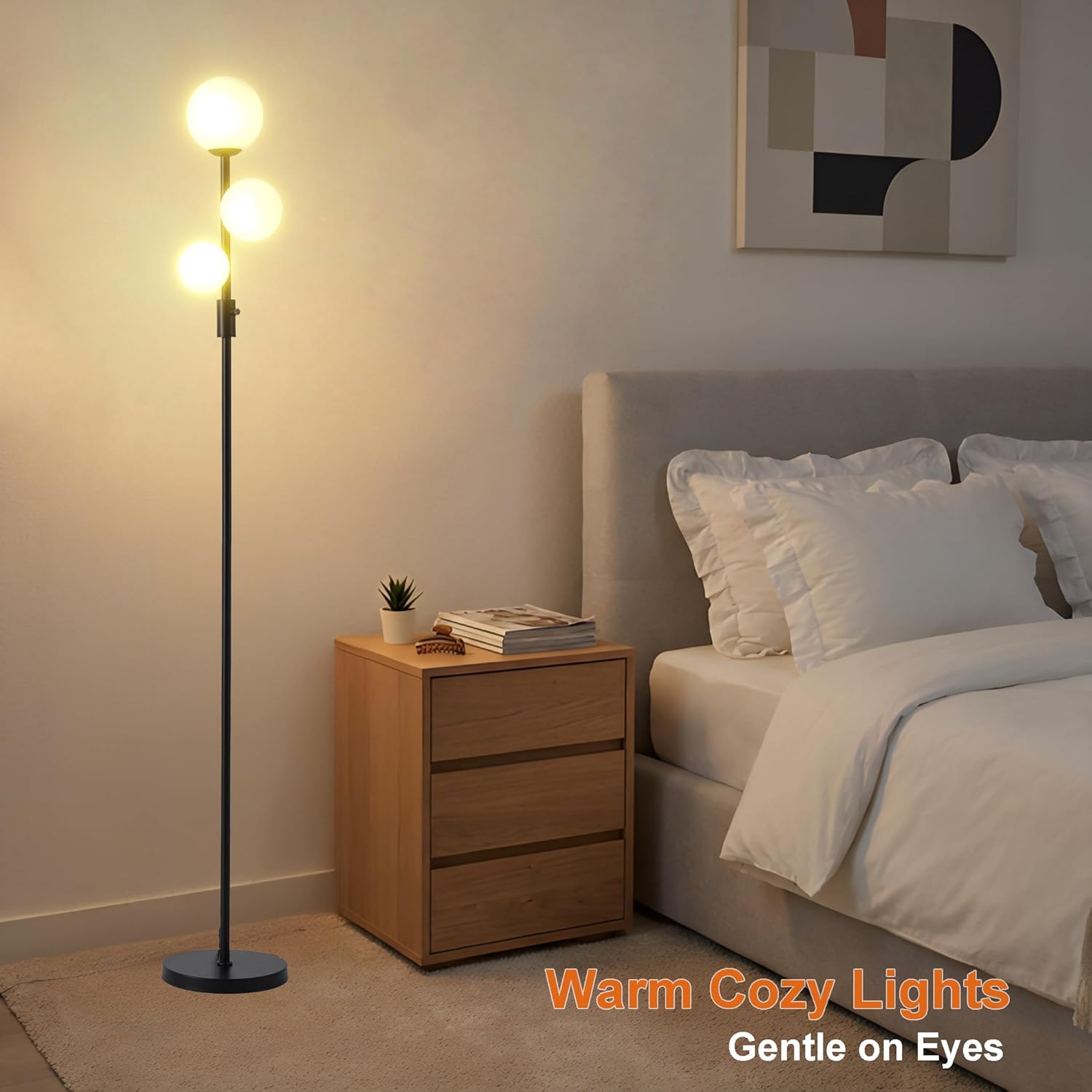 Fiqevs Upgraded Dimmable 3 Globe Mid Century Modern Floor Lamp, 3 x 3000K Warm Light LED Bulbs Included, Matt Black Standing Lamp with…