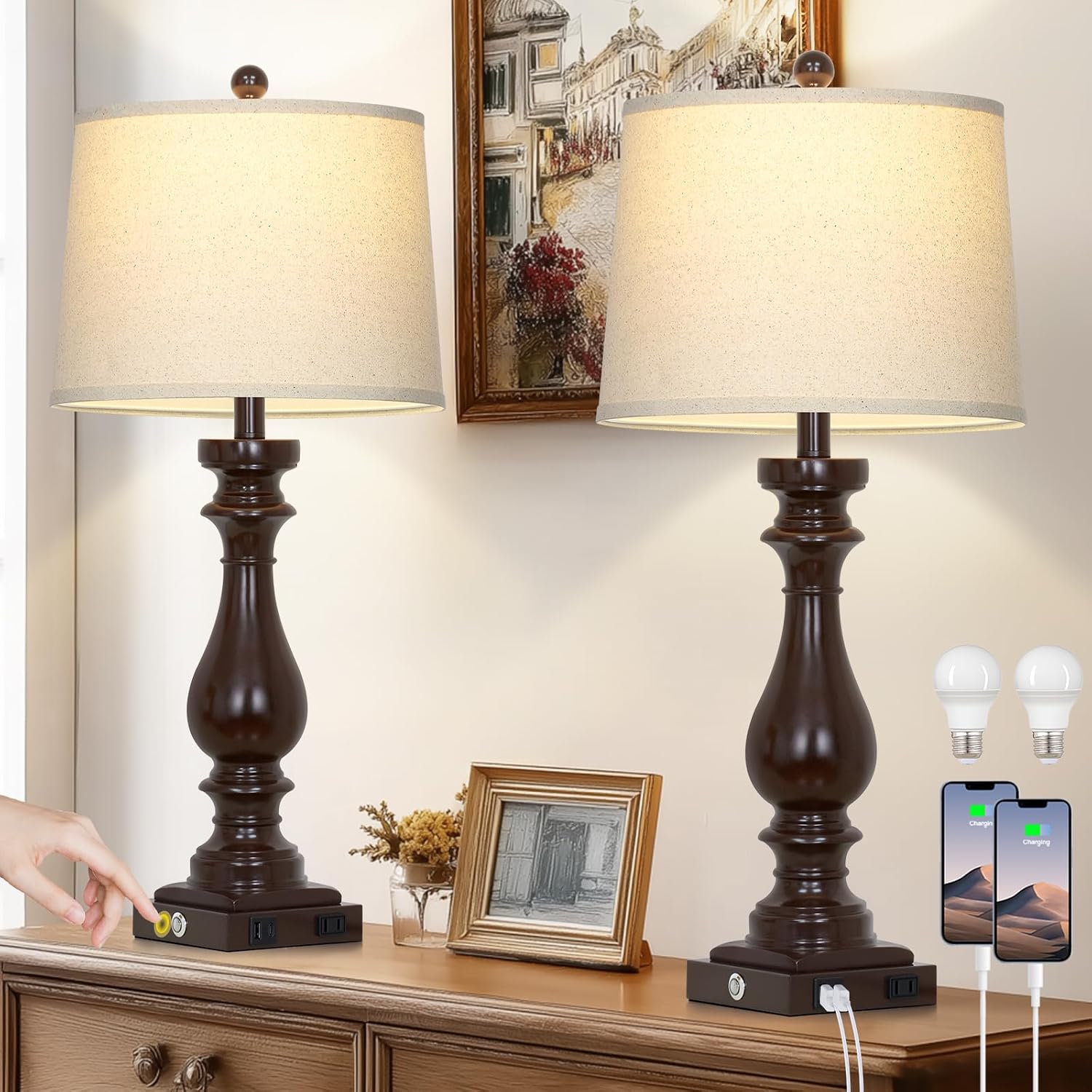 Cinkeda 29" Tall Farmhouse Table Lamp for Living Room Set of 2, Vintage Retro Nightstand Lamps with USB C+A Ports & AC Outlet,3-Way…