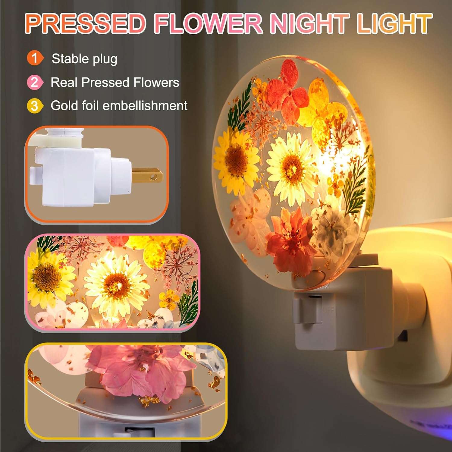 Glooglitter Pressed Flower Night Light Plug in - Handmade Dried Floral Wall Night Light, Soft Glow Decorative Nightlight for Hallway Bedroo…