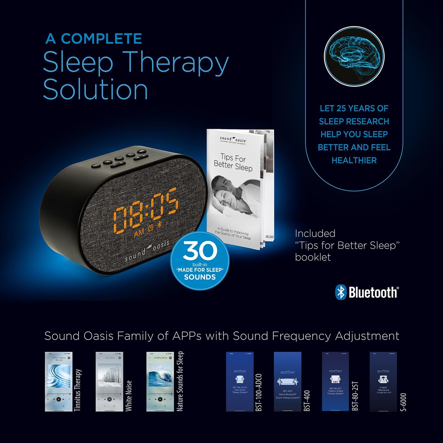 SoundOasis Sound Oasis® Bluetooth® Sleep Sound relaxation System® Alarm Clock - Sleep Better, Manage and Mask Tinnitus, 30 Built-in…