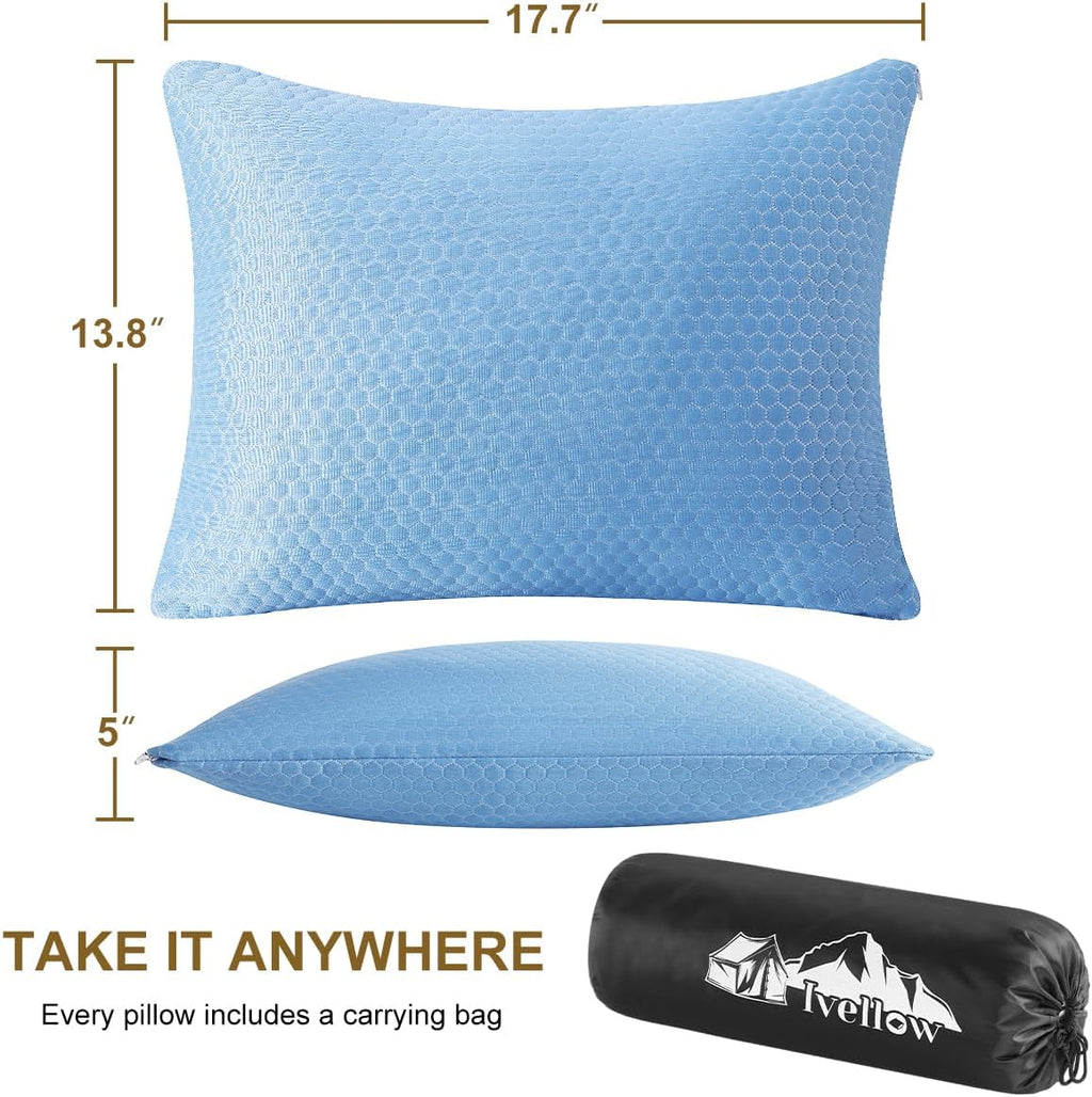 Ivellow Travel Pillow Camping Pillow for Sleeping Cooling Shredded Memory Foam Pillow Compressible Compact Medium Firm, Breathable Soft Cove…