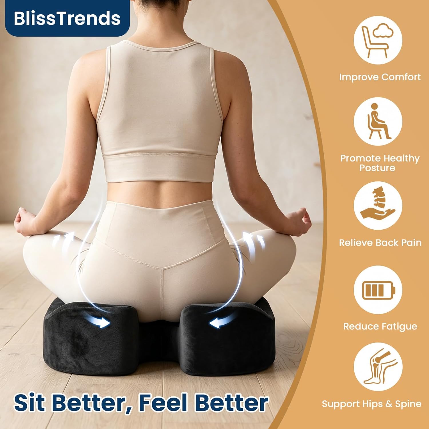 BlissTrends Seat Cushion with Velvet Cover, Thick Memory Foam Cushions for Office Chair, Car Seat, Airplane, Relieving Pressure Tailbone…