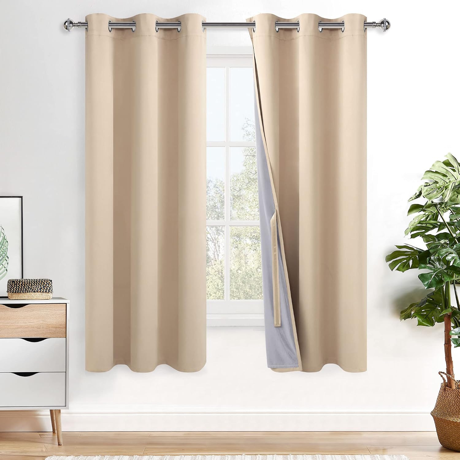 Xwzo 100% Blackout Window Curtains with Tiebacks- Privacy Protection & Noise Blocking Window Draperies Grommet Top with Black Liner for Bed…