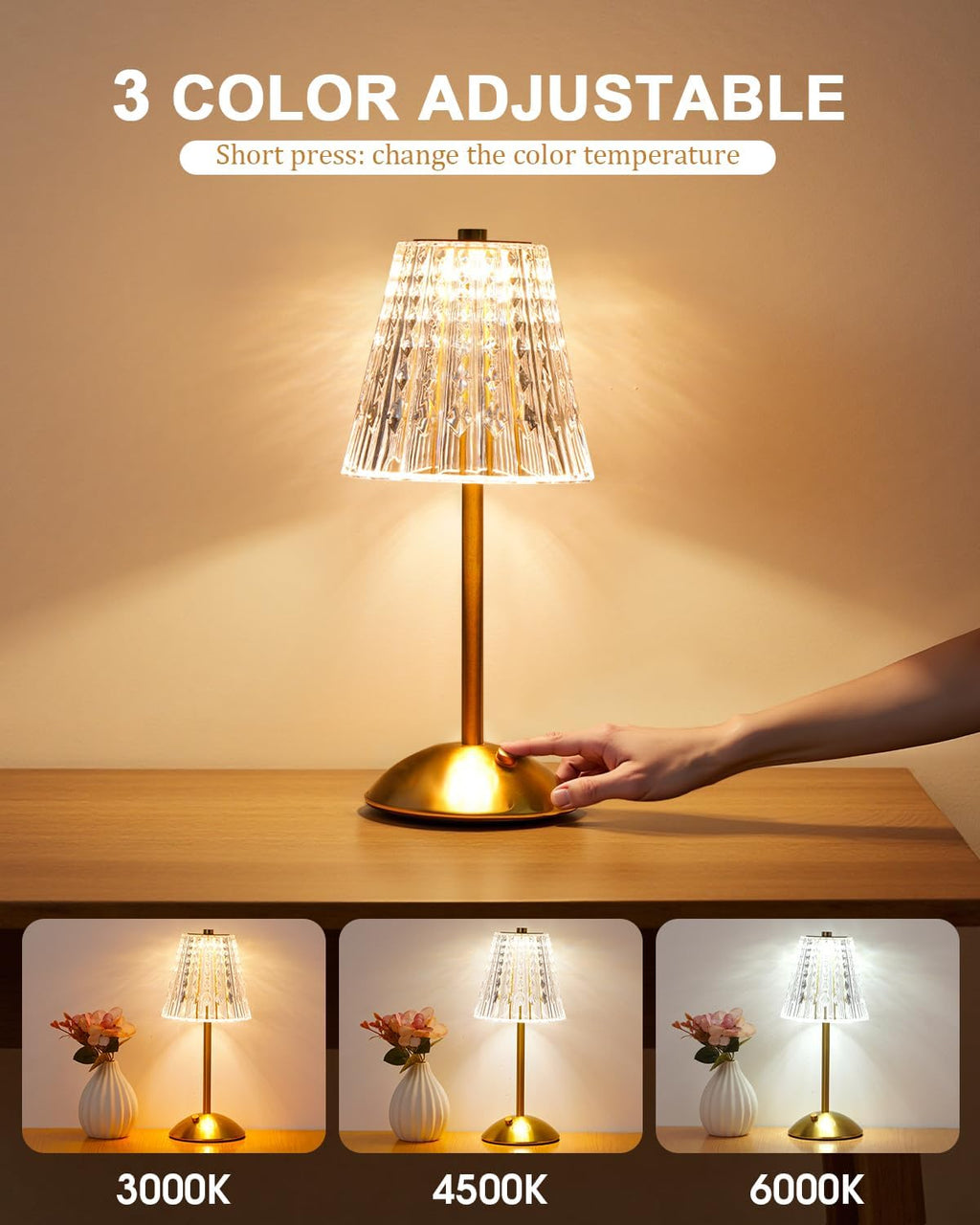 Nusogon 2 Pack Cordless Crystal Table Lamps, Premium Rechargeable Touch Lamps with 3 Color Dimmable Lighting for Bedroom, Nightstand…