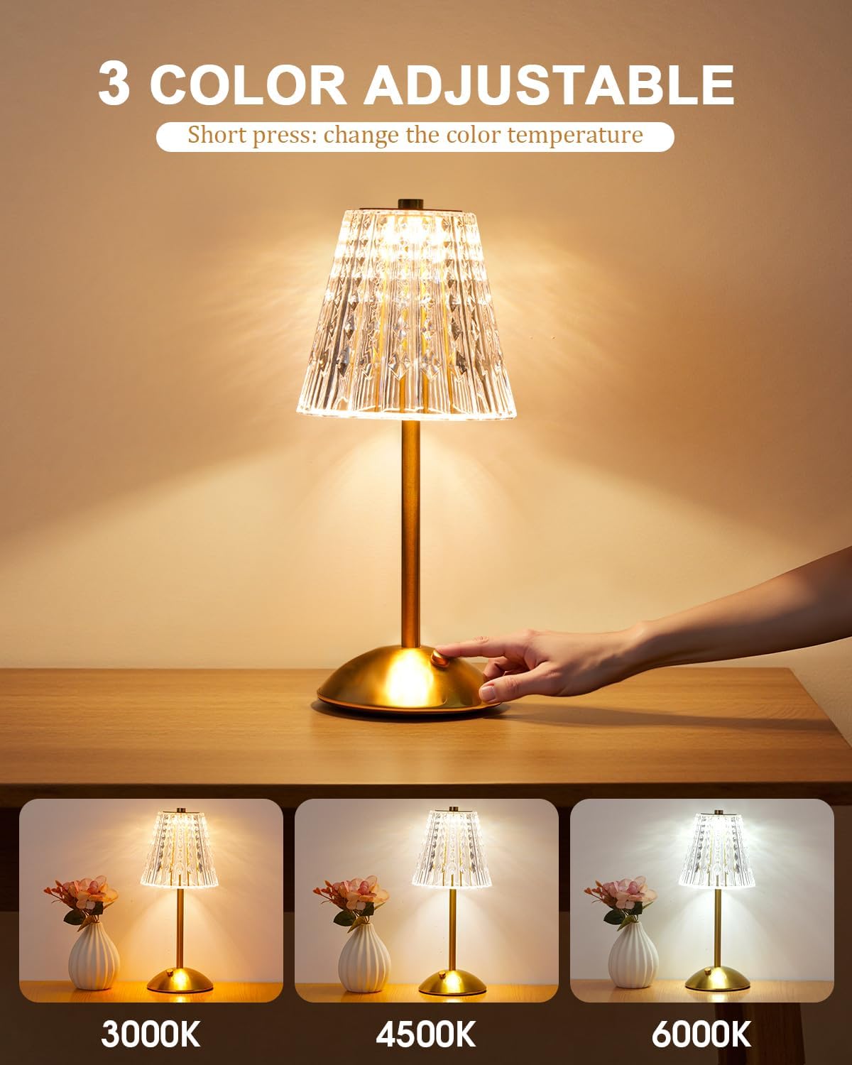 Nusogon 2 Pack Cordless Crystal Table Lamps, Premium Rechargeable Touch Lamps with 3 Color Dimmable Lighting for Bedroom, Nightstand…