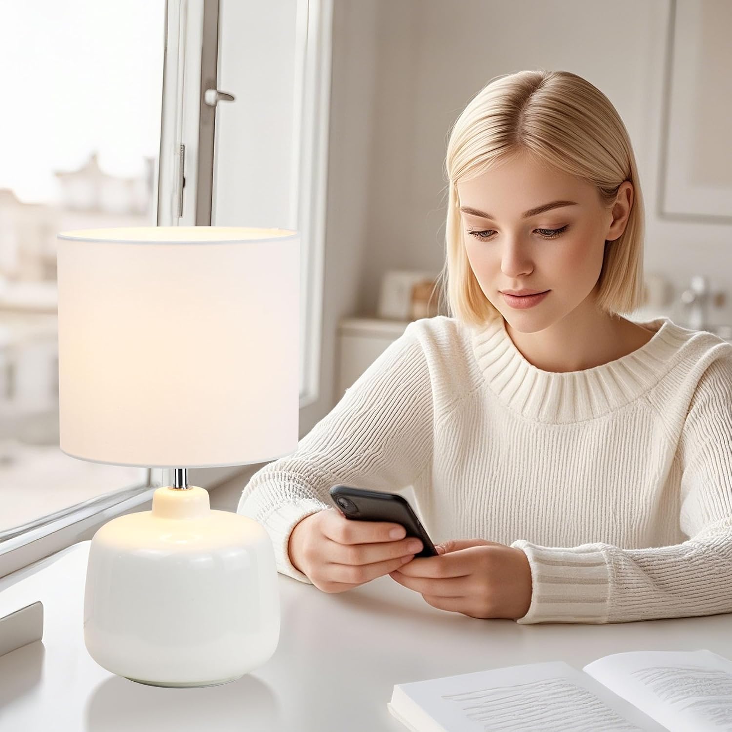 Oslo Small Ceramic Table Lamp for Living Room and Bedroom, Modern Kids Night Table Lamp, Φ7.09×H13.39IN, Bulb Excluded, Off White