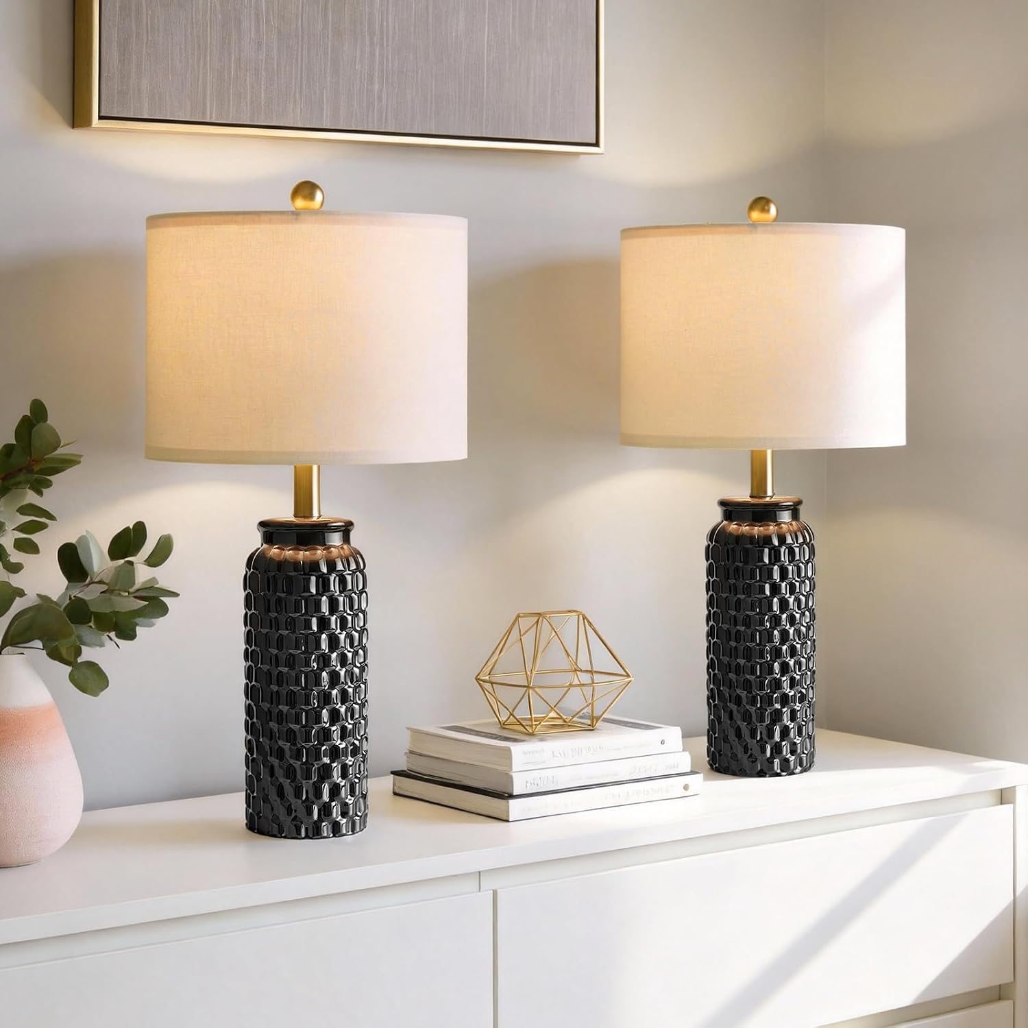USumkky 24" Modern Ceramic Black Bedside Lamp Set of 2 Table Lamp for Bedroom Decor Farmhouse Table Lamp for Living Room Office Dorm