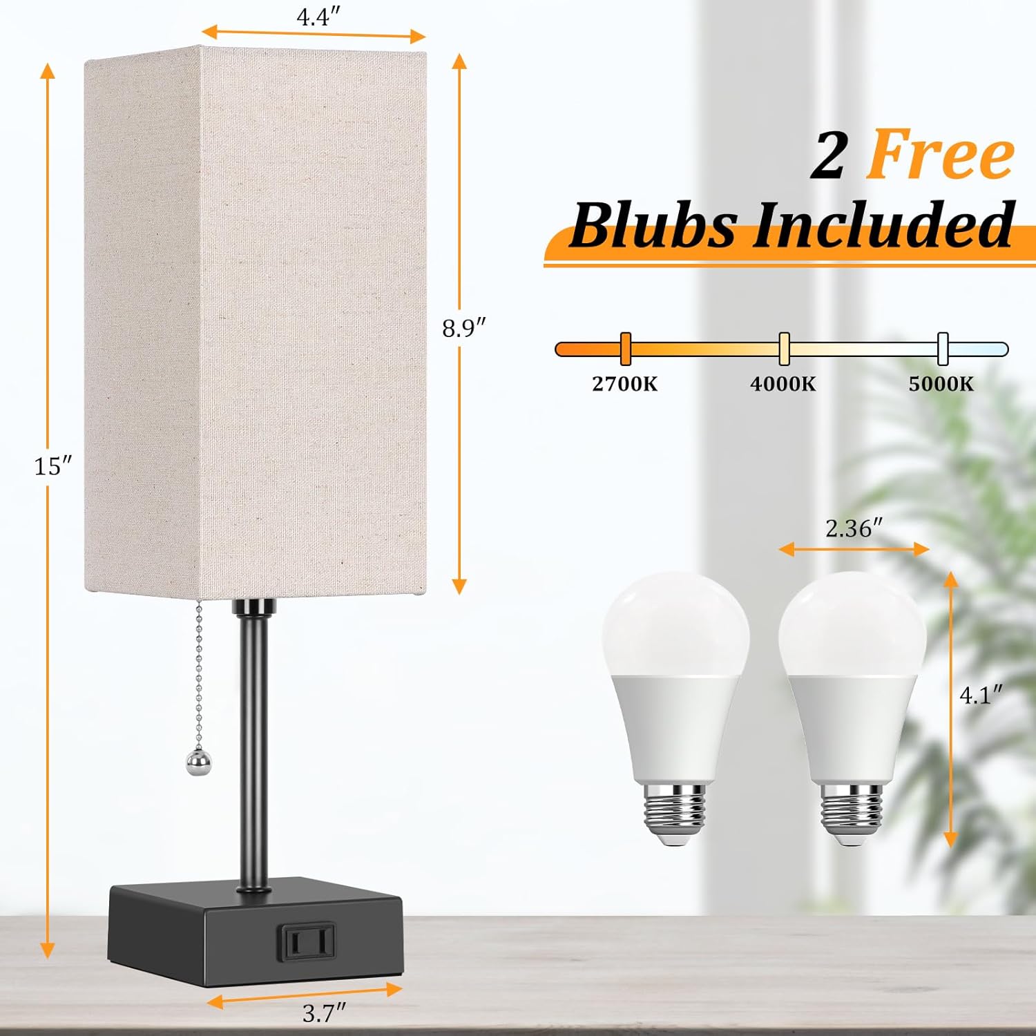15'' Table Lamp for Bedroom set of 2,3-Color Bedside Lamps with Pull Chain Table Lamps for Night stands with AC Outlet, Small Night Light…