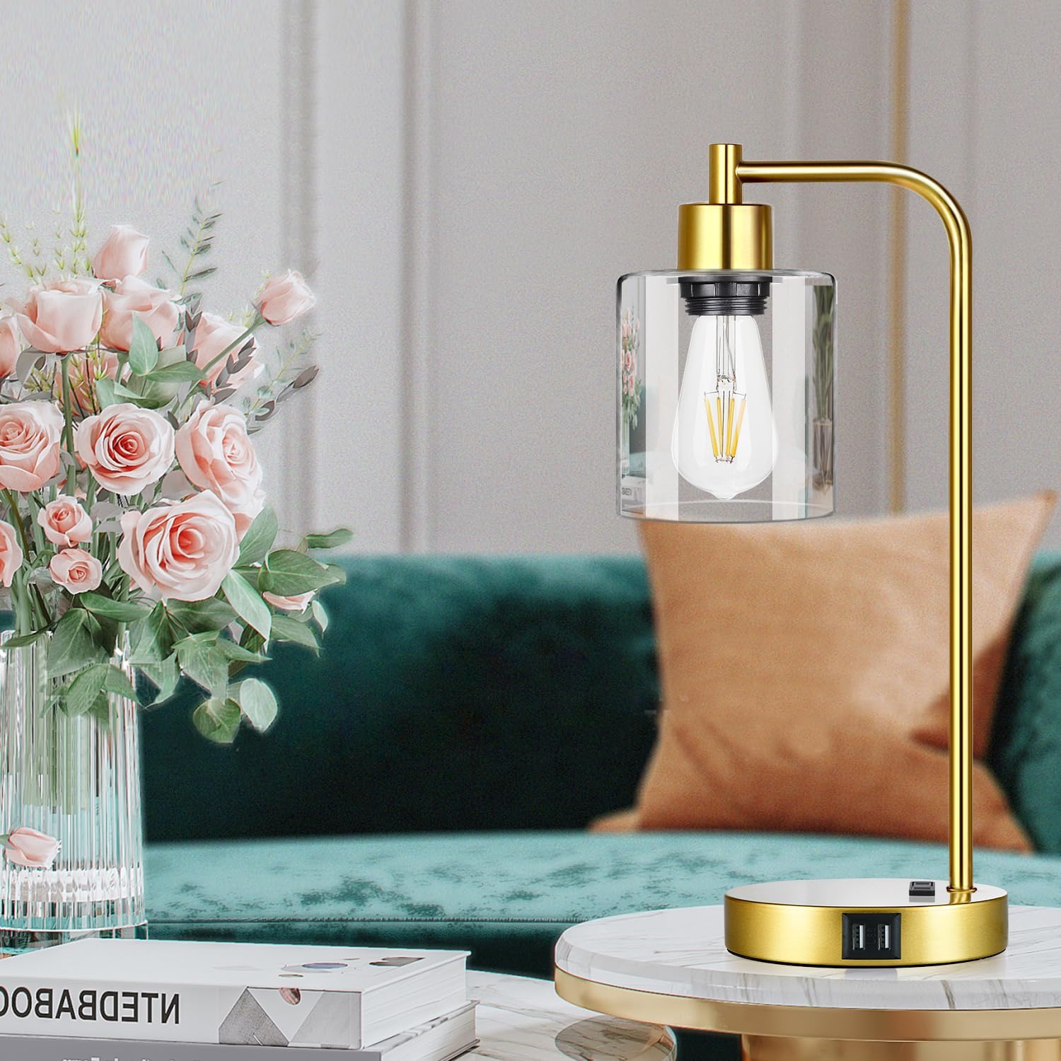 Industrial Touch Control Table Lamps Set of 2 - Gold Nightstand Bedside Lamps with 2 USB Ports & AC Outlet, 3-Way Dimmable Desk Lamp for…