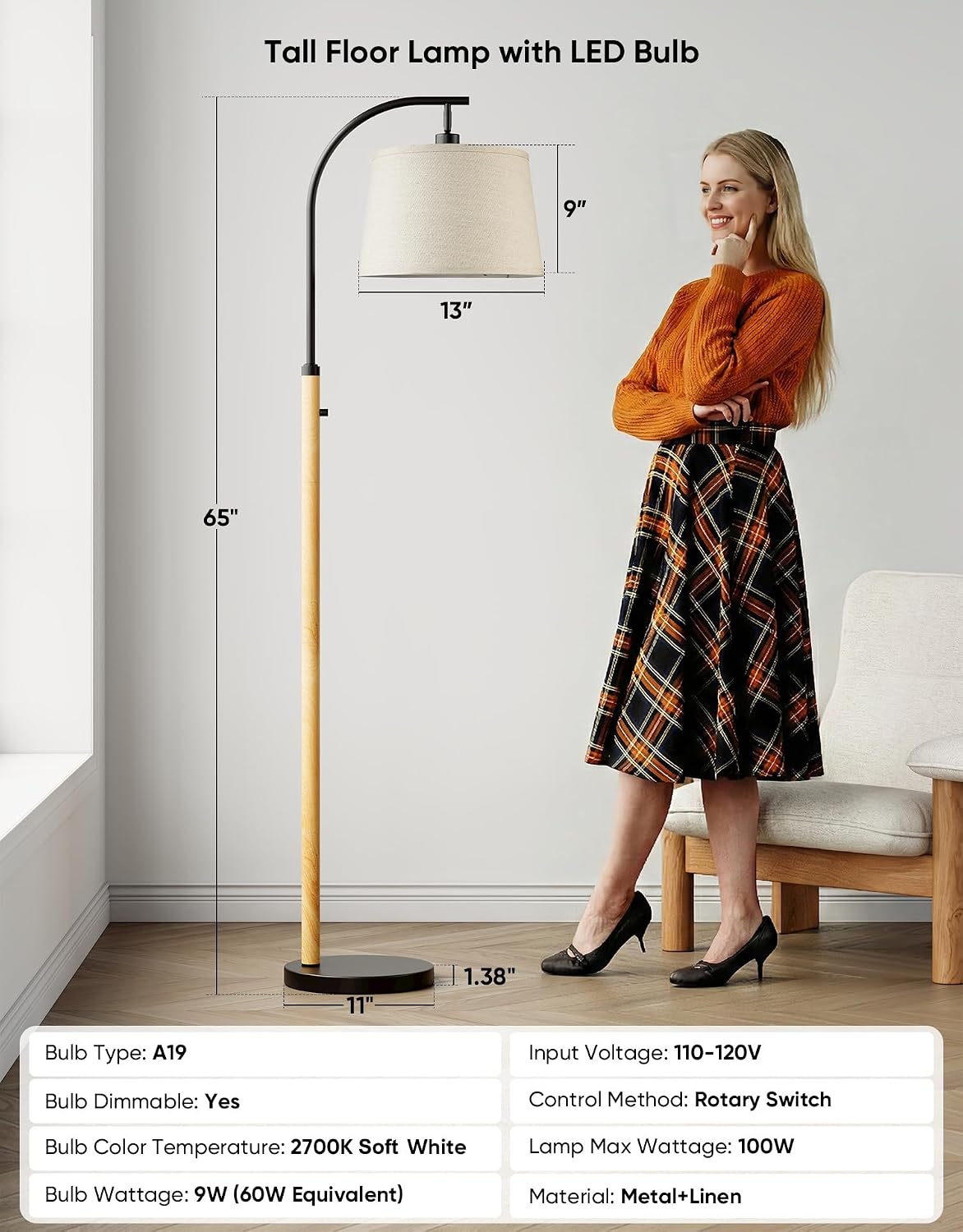 Dimmable Floor Lamp for Living Room, 65" Tall Metal Standing Lamp with LED Bulb, Mid Century Modern Arc Floor Lamp with Linen Shade for…