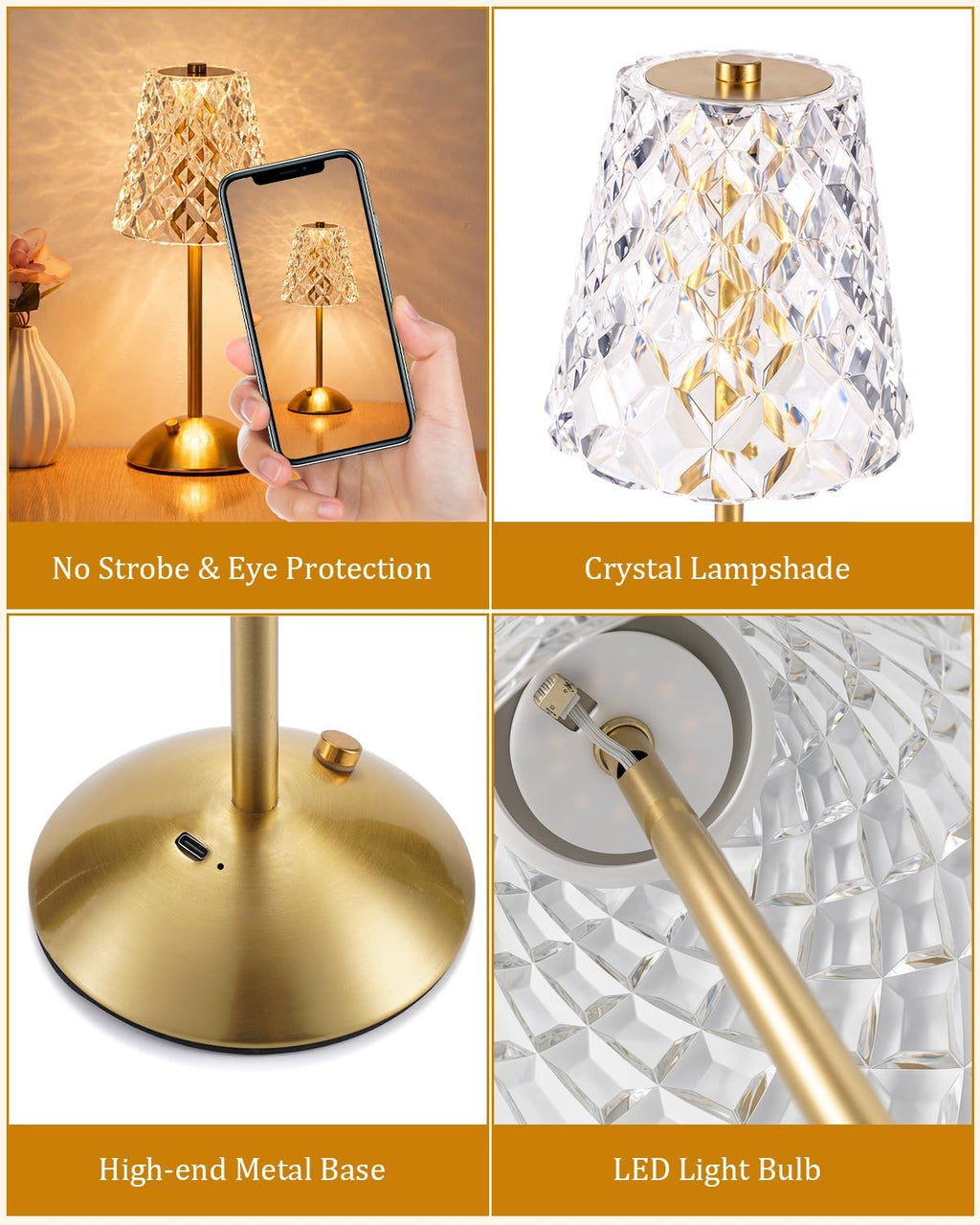 Nusogon Rechargeable Cordless Table Lamp, Touch Control Crystal Desk Lamp with 3500mAh Battery, 3 Color Dimmable LED Small Lamp for…