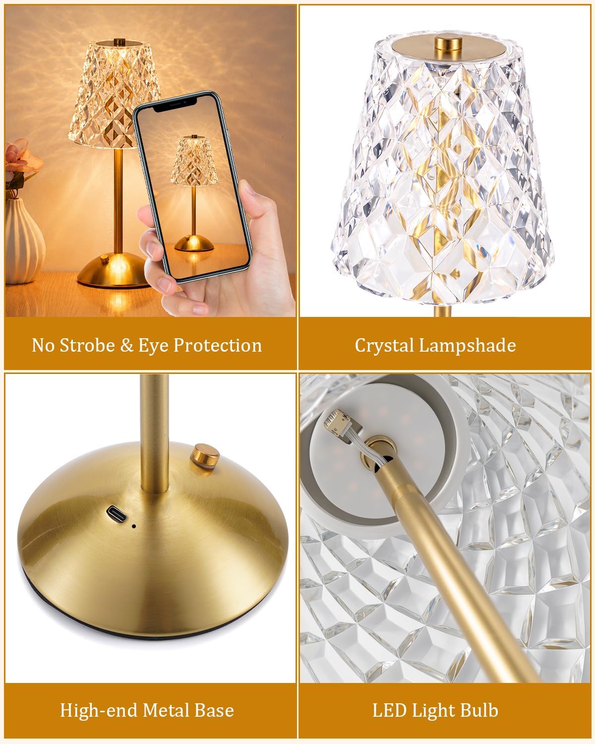 Nusogon Rechargeable Cordless Table Lamp, Touch Control Crystal Desk Lamp with 3500mAh Battery, 3 Color Dimmable LED Small Lamp for…
