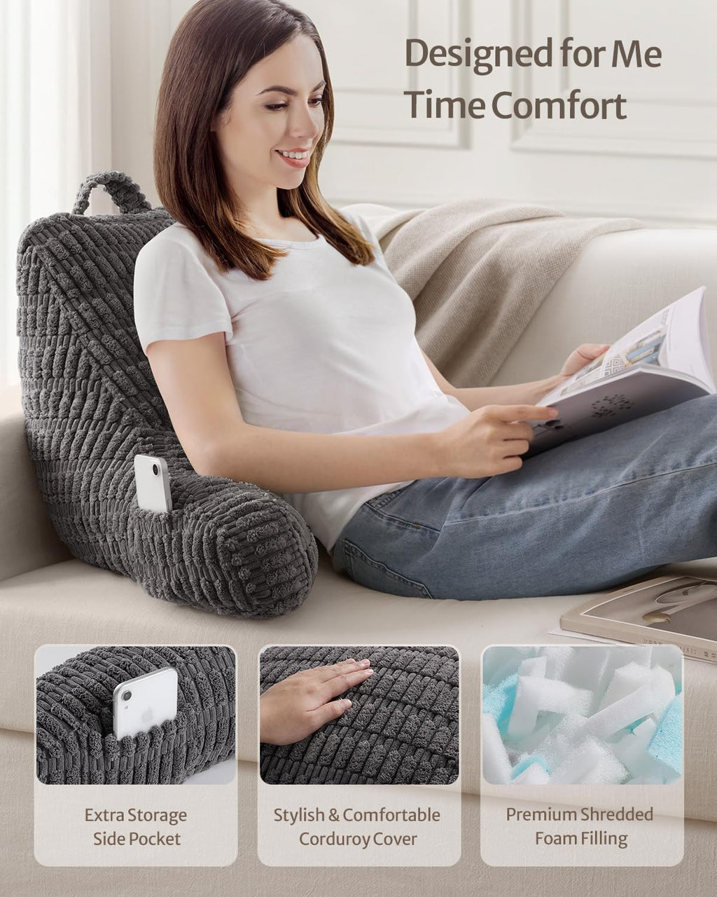 Blissful Diary Reading Pillow, Backrest Pillow with Shredded Memory Foam for Adult & Children, Designed for Bed and Couch Sitting Up…
