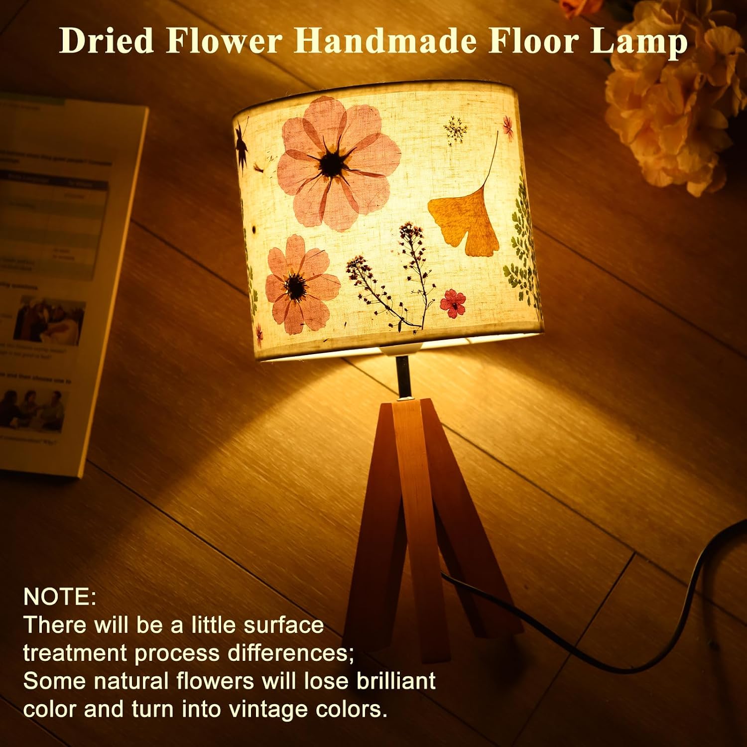 Dried Flowers Tripod Table Lamp 14.96in, 9W LED 3-Color Cute Bedside Lamp with Flowers Linen Lampshade for Nursery, Bedroom, Kid Room…