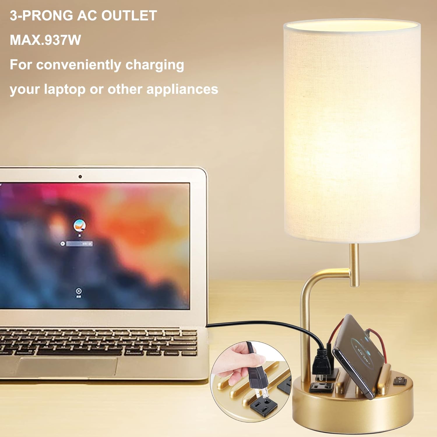 Dreamholder Table Lamp with 3 USB Charging Ports, Modern Desk Lamp with AC Outlet and Phone Stands, Perfect Bedside Lamp for Bedroom…