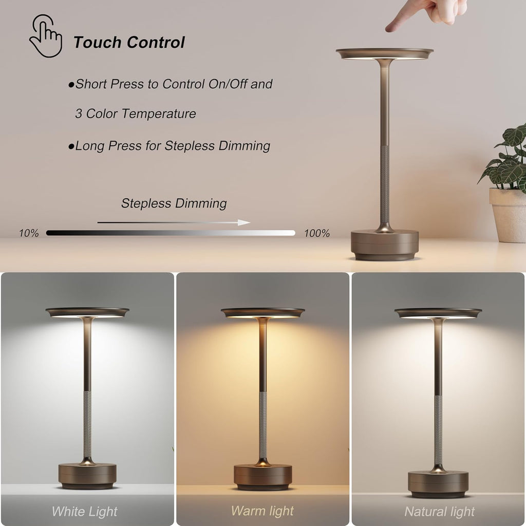 TBBGA 1 Pack Rechargeable Table Lamps Cordless, Portable 5000mAh Outdoor Table Light, 3 Color Stepless Dimming LED Table Lamp with Memory…