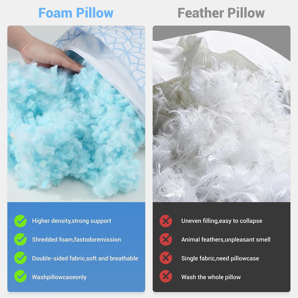 puredown® Standard Pillows Set of 2, Cooling Pillow Full Size 2 Pack, Adjustable Shredded Memory Foam Pillows for Side Back Stomach Hot…