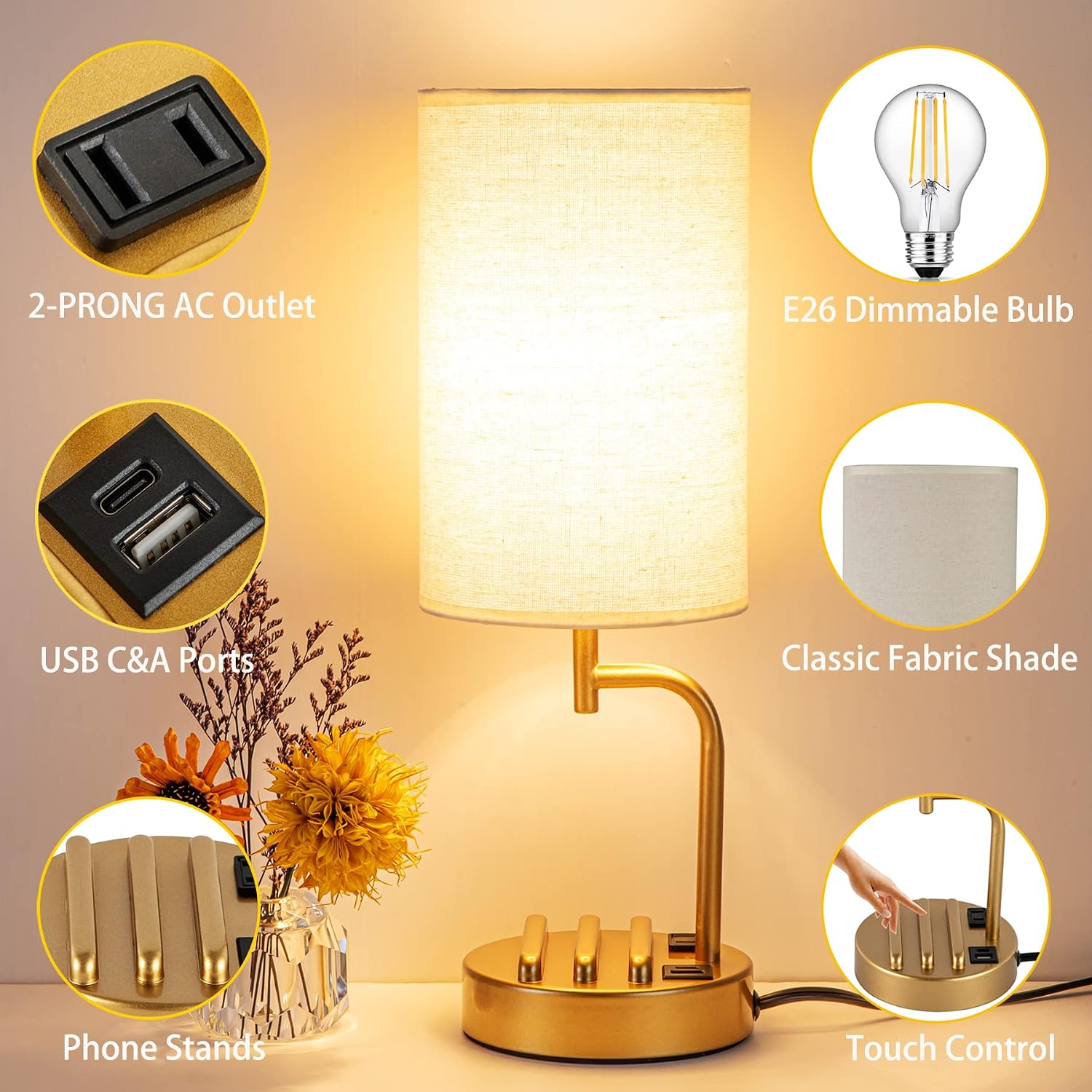 Dreamholder Touch Control USB Table Lamp, Upgraded 3-Way Dimmable Bedside Desk Lamp with USB C & A Charging Ports and AC Outlet…
