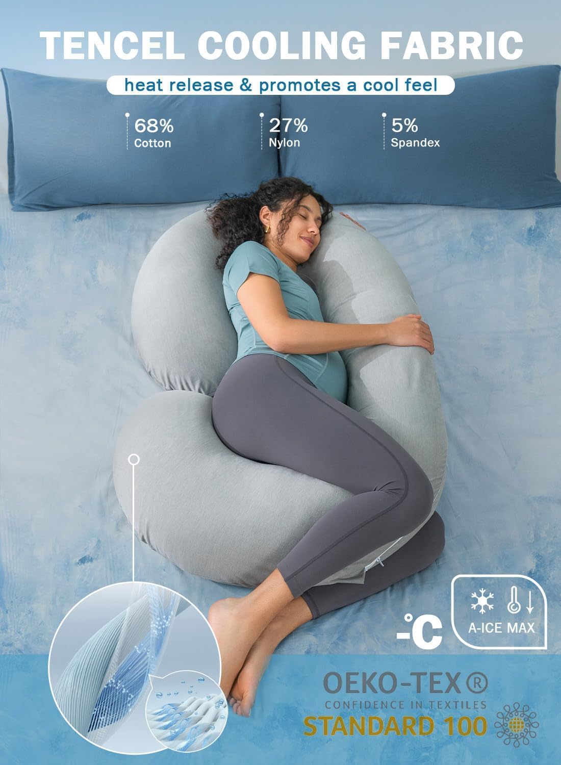 INSEN Cooling Pregnancy Pillow, Maternity Pillow with Soft Tencel Cover, C Shaped for Pregnant Women and Side Sleeping, Dark Gray