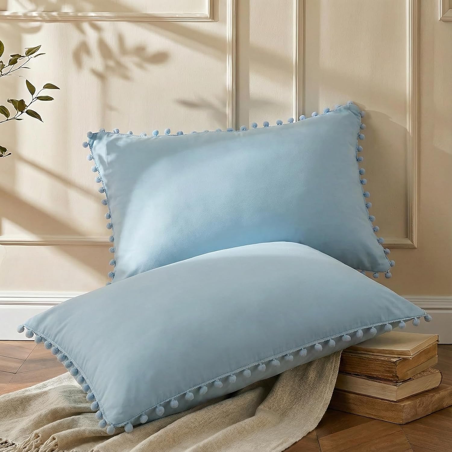 Moveover Blue Pom Poms Pillow Cases, Sky Blue Pillowcases Set of 2, 100% Soft Washed Microfiber, Blue Pillow Shams King, 2 Pack (King, Sky…