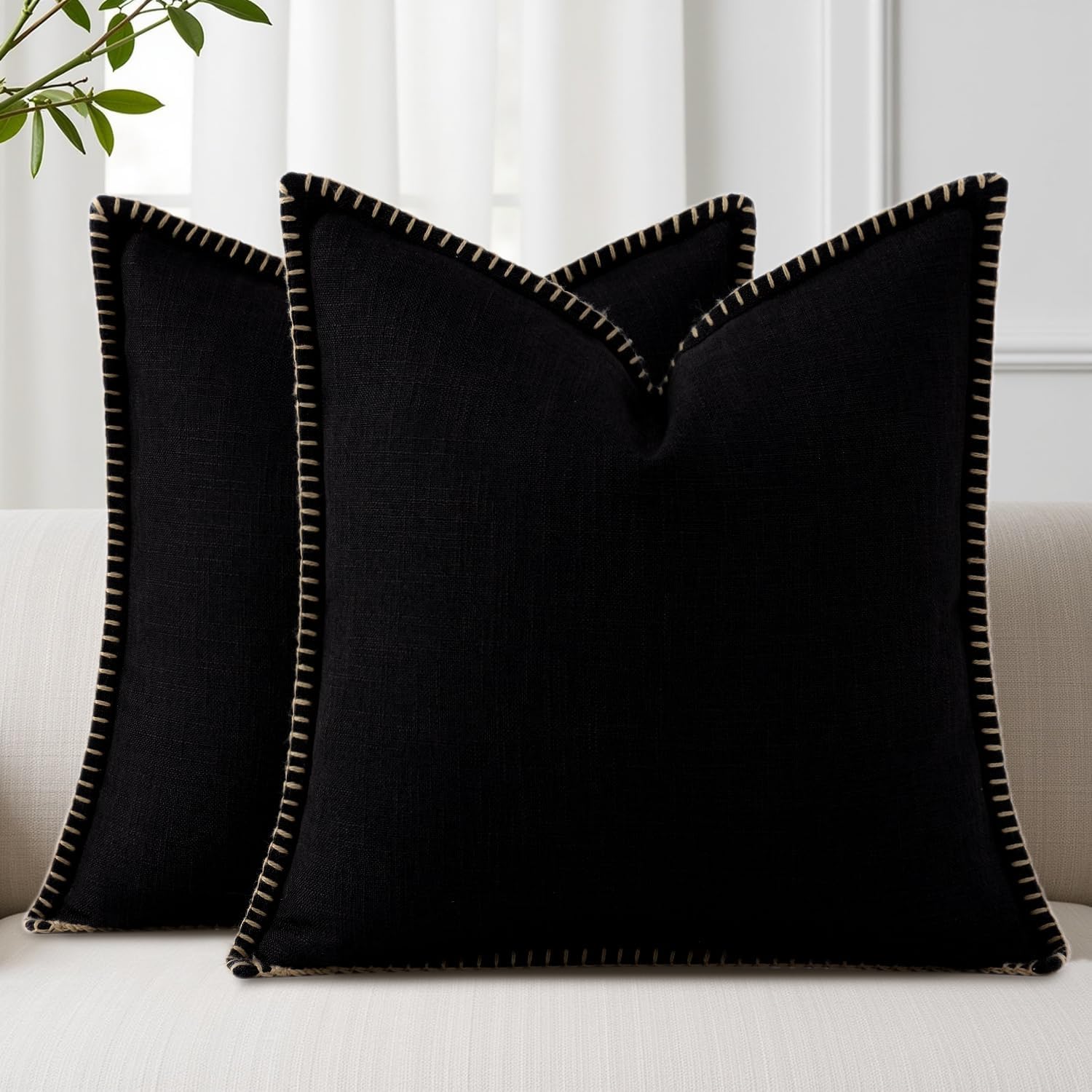 decorUhome Summer Decorative Throw Pillow Covers 22x22 Set of 2 Square Faux Linen Outdoor Neutral Farmhouse Euro Sham Pillow Covers with…