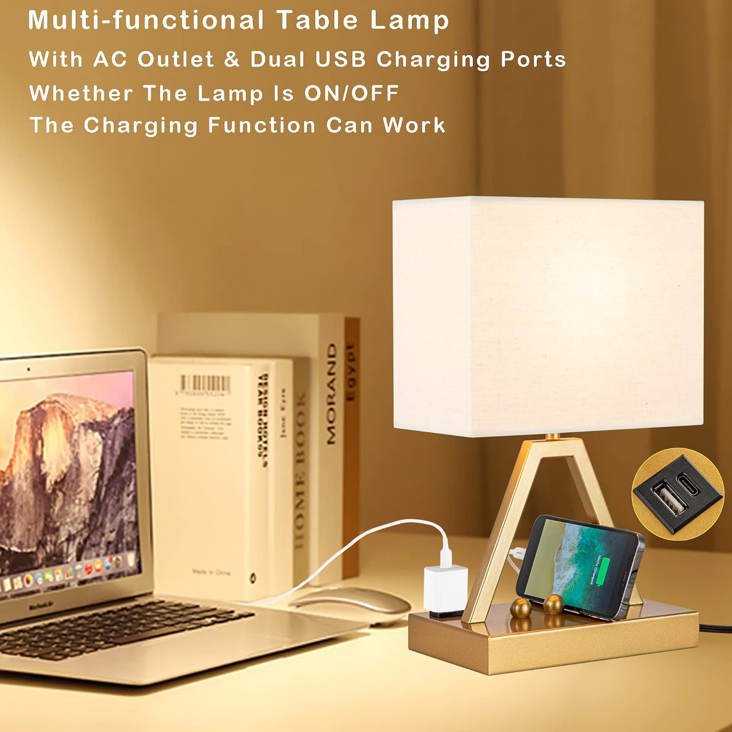 Briever Touch Control Table Lamp, 3-Way Dimmable Desk Lamp with USB C & USB A and AC Outlet, Bedside Lamp with Phone Stand and Fabric Shade…