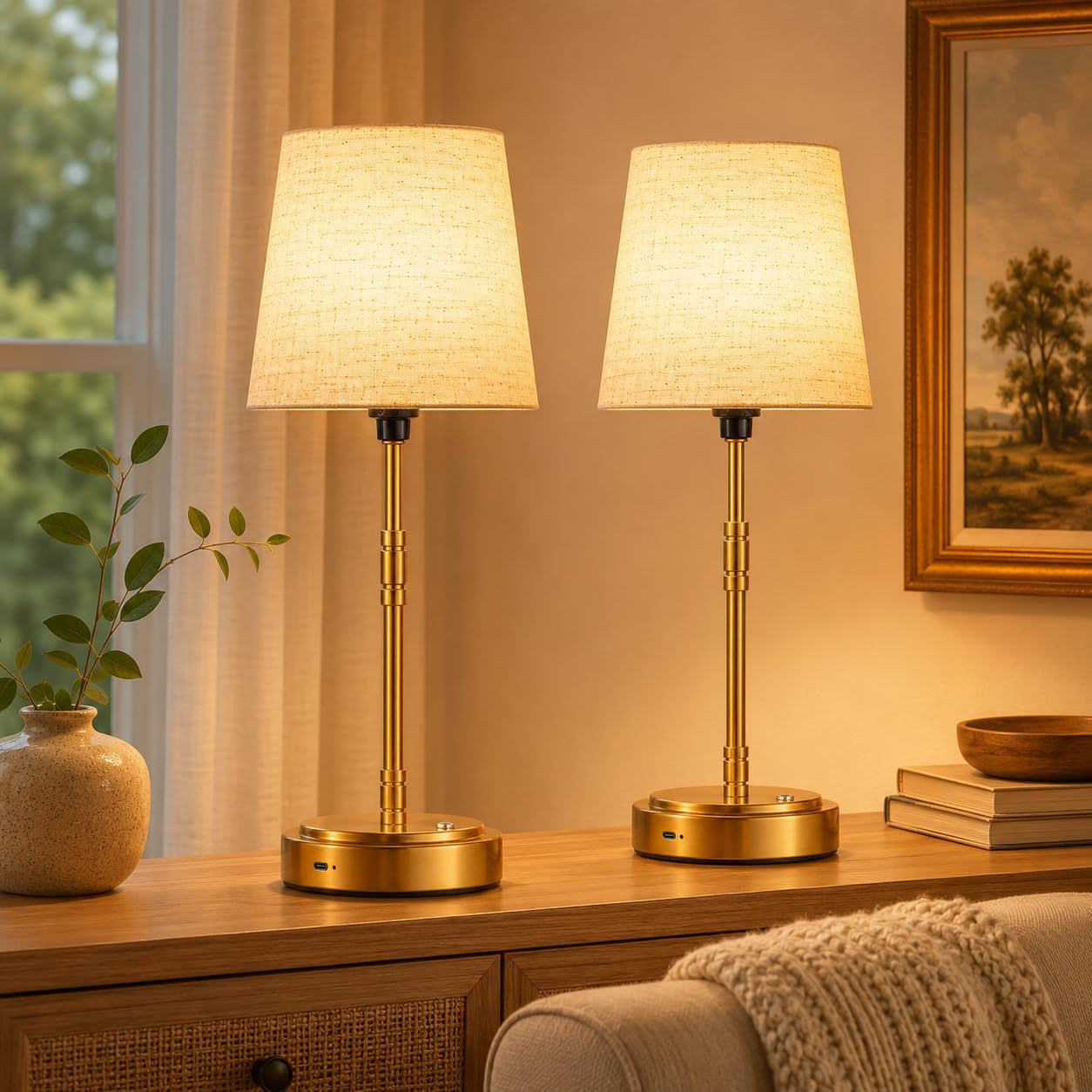 Cordless Table Lamps Set of 2 – Battery Operated Lamp with 7500mAh Rechargeable Battery, Stepless Dimmable Brushed Gold Lamps with Beige…