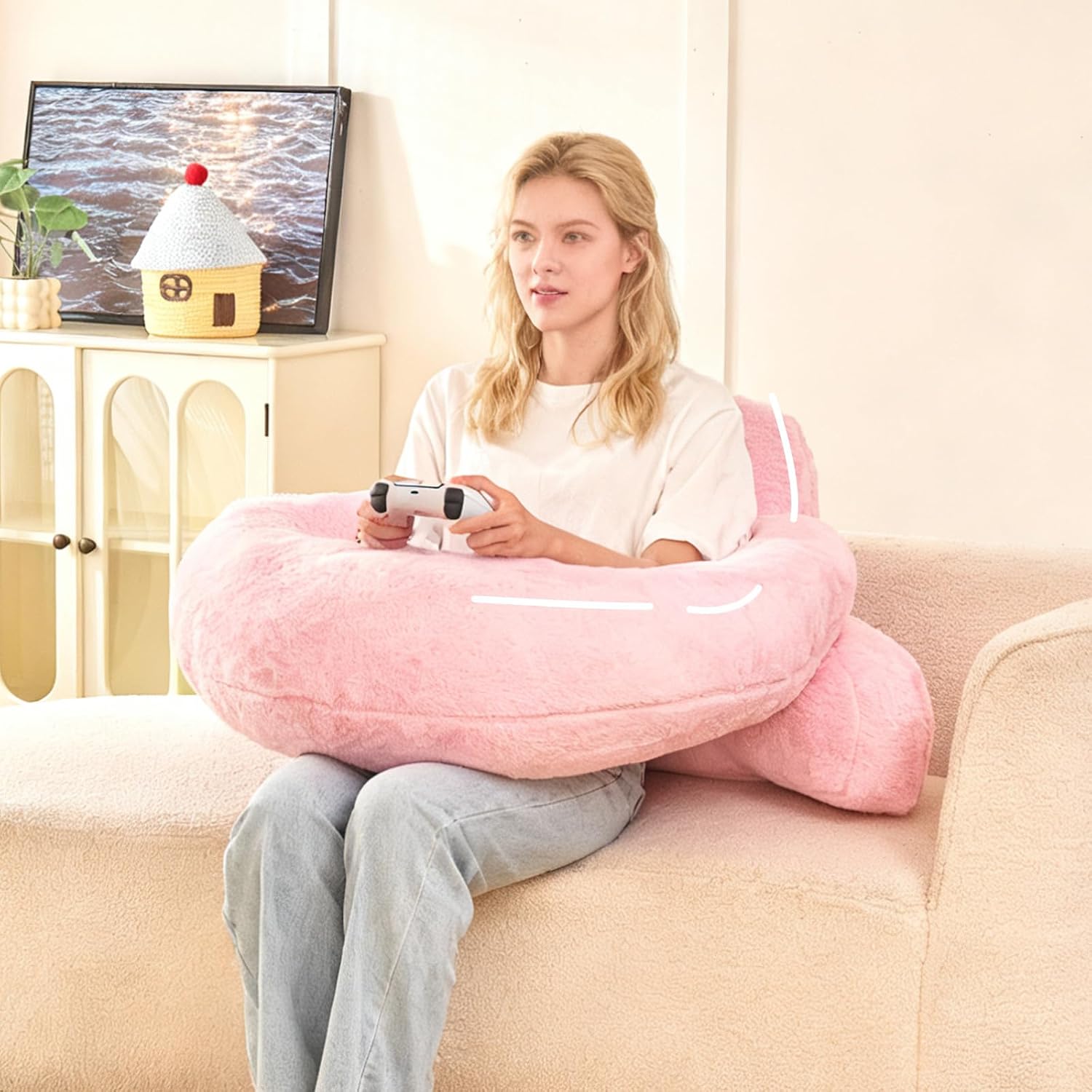 19" Faux Fur Reading Pillow for Bed, U Shaped Support Cushion with Lumbar & Arms, Luxurious Soft Backrest for Gaming, Lounging, Watching…