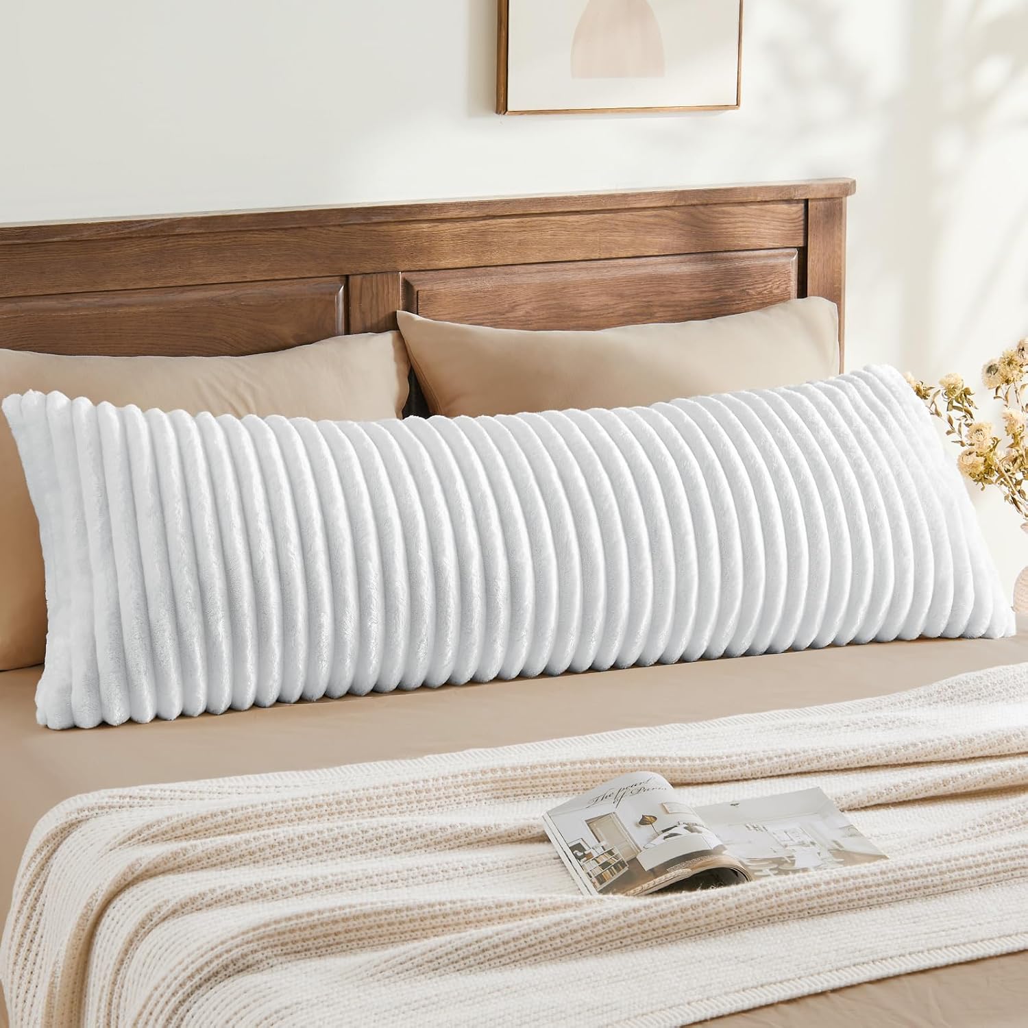 Bedelite Fluffy Faux Fur Body Pillow Cover with Zipper, Luxury Plush 3D Striped Pillow Cover 20x54 Inches, Super Soft and Cozy Long Body Pi…