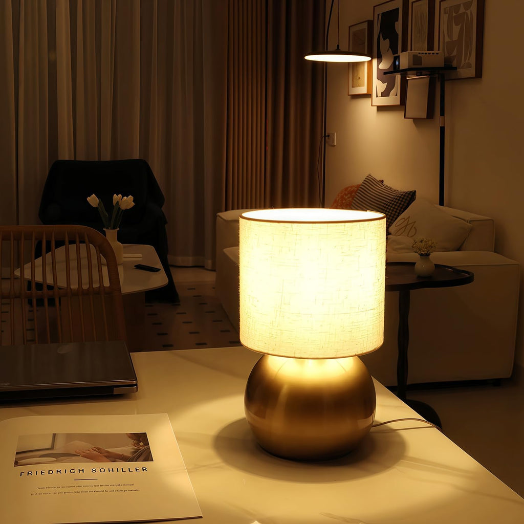 Modern Golden Small Table Lamp with Cotton Linen Shade, 10.4-inch LED Desk Light, One-Button Switch for Bedroom, Living Room, Nightstand…