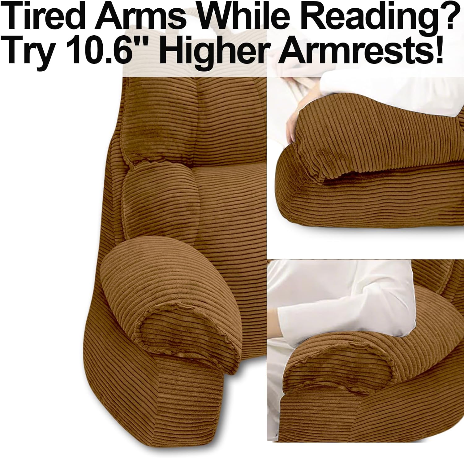 RRPAHWTV Reading Pillow for Bed with High Arm Rests, Back Support Pillow for Sitting Up in Bed with Shredded Memory Foam for Reading, TV…