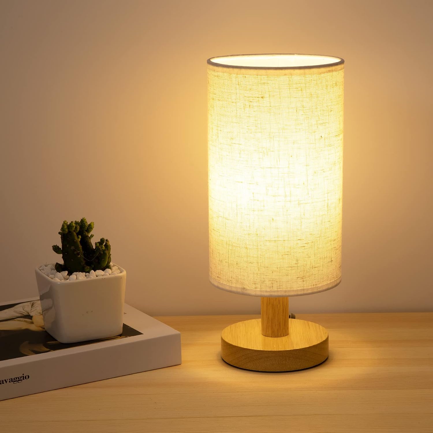 Small Bedside Table Lamp for Bedroom, Minimalist Wood Base & Round Fabric Shade, Mini Cute Cozy Warm White Nightstand Boho Lamp, Study…