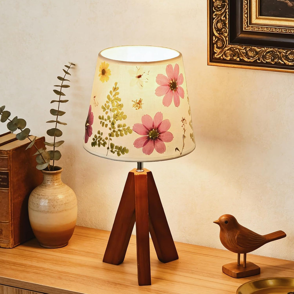 Dried Flowers Tripod Table Lamp 14.17in, 9W LED 3-Color Cute Bedside Lamp with Flowers Linen Lampshade for Nursery, Bedroom, Kid Room…