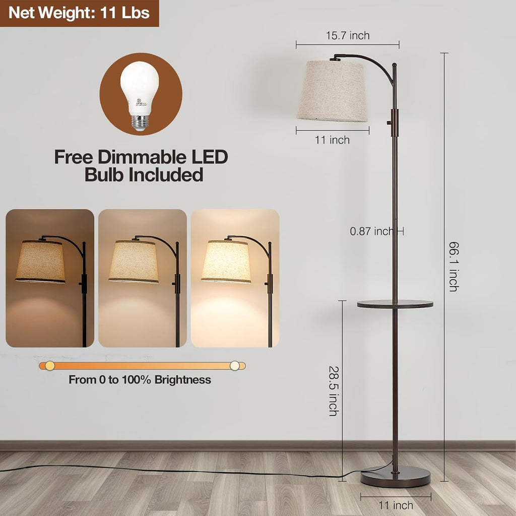 AIDENOEY Fully Dimmable Floor Lamp for Living Room, Standing Lamp Rotary Switch with Table&Linen Beige Shade, Brown Tall Lamps for Bedroom…