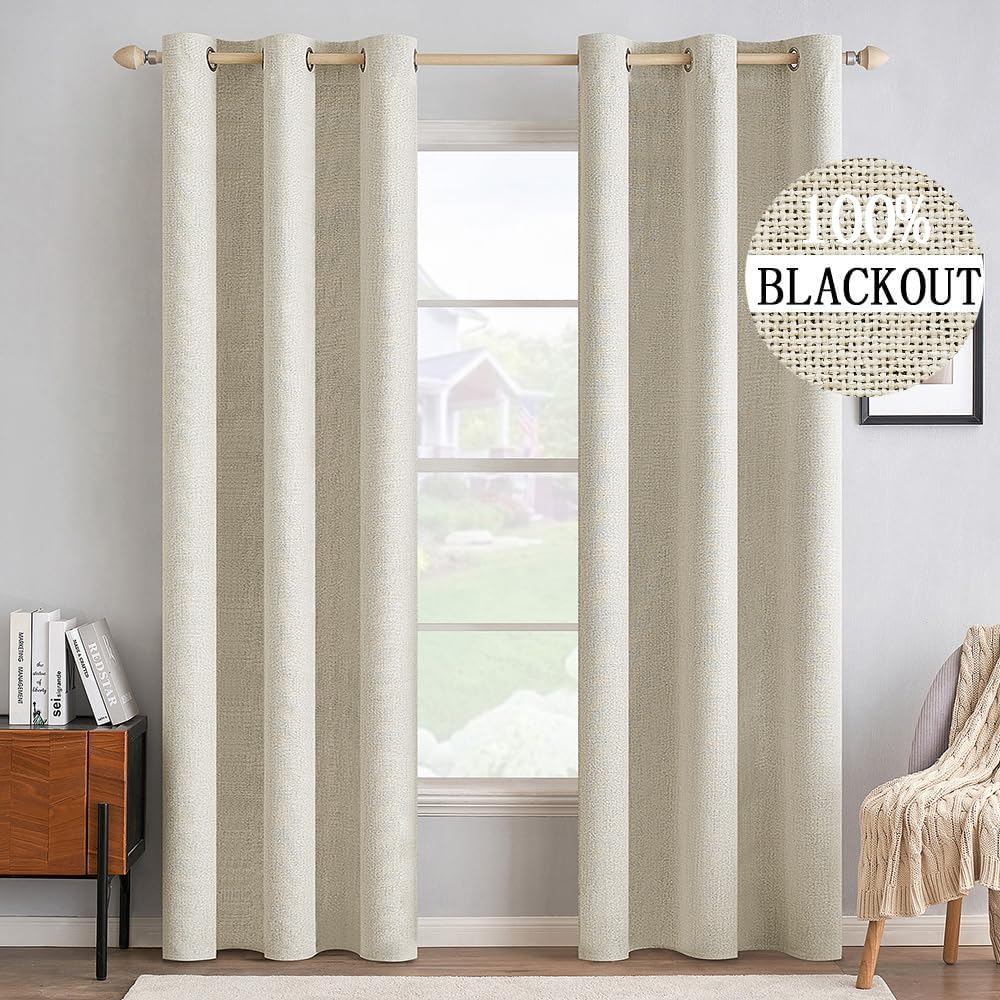 Miulee 100% Blackout Linen Textured Curtains for Bedroom Solid Thermal Insulated Cream Grommet Room Darkening Curtains & Drapes Luxury Deco…