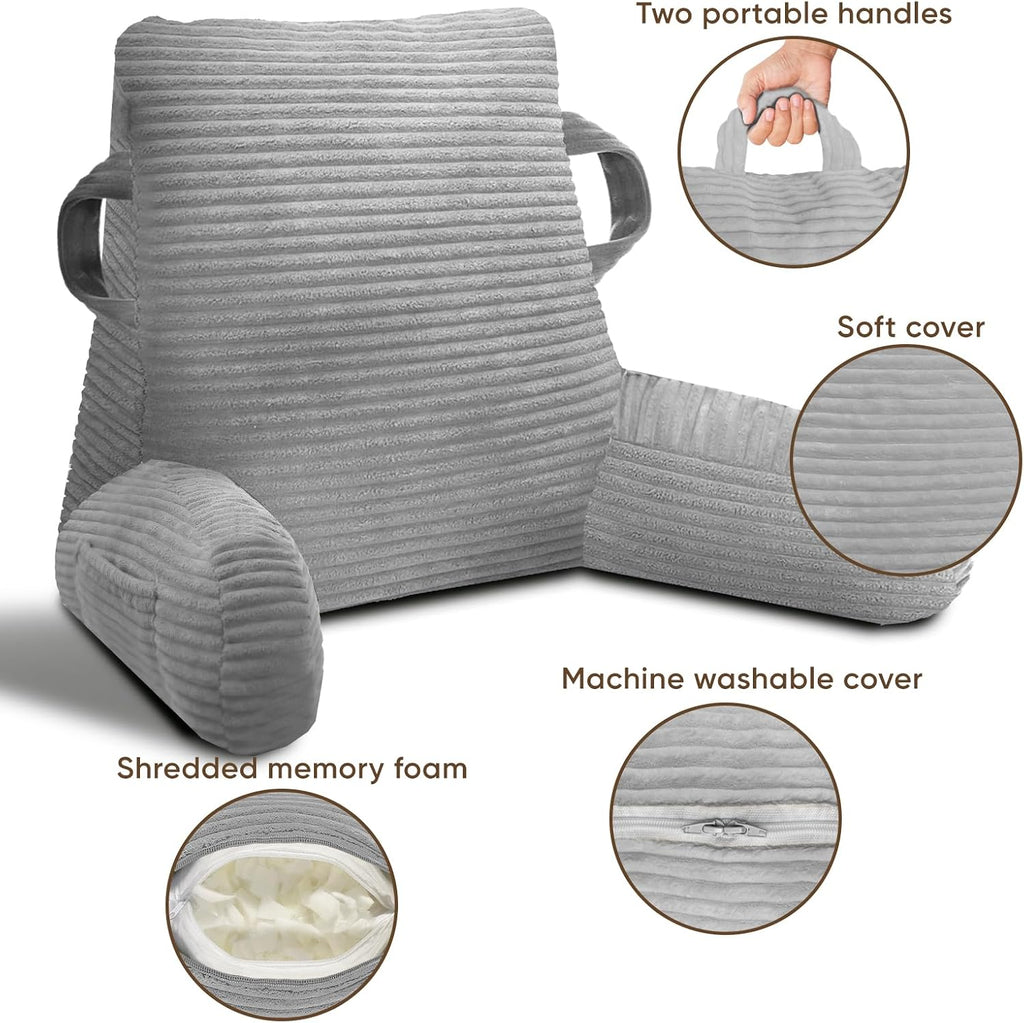 Reading Pillow for Sitting in Bed Adult, Bed Reading Pillow with Shredded Memory Foam, Back Pillow for Sitting with Arms and Pockets…