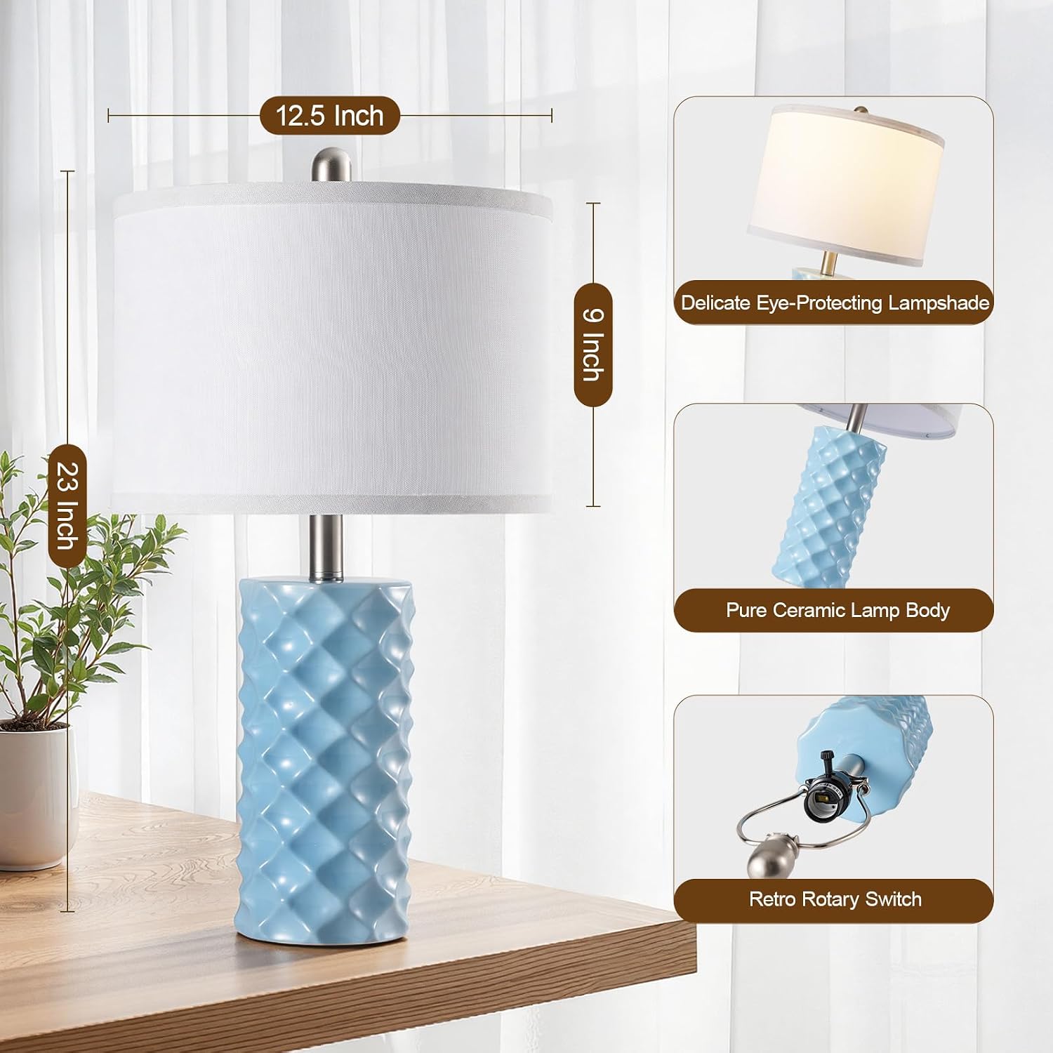 BLHDZJR Sky Blue & Star Diamond Ceramic Table Lamps (Set of 2) - 23" Luxe Modern Bedside Lamps for Nightstand, bedrooms, Living Rooms…