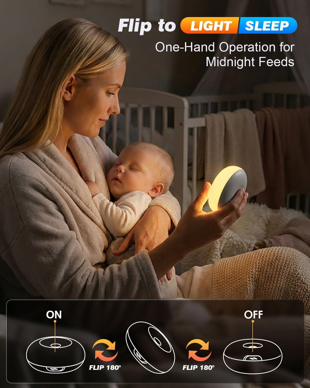 Baby Night Light, 0 Blue-Light Nursery Egg Light for Breastfeeding, Flip Design, Soft BPA Free, 3 Colors & Dimming, Rechargeable Portable…