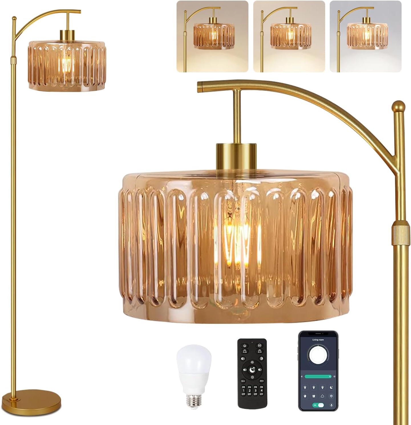 QIYIZM Glass Floor Lamp for Living Room, Bedroom, Gold Dimmable Standing Lamp with Remote, Mid Century Modern Brass Tall Lamp Boho Vintage…