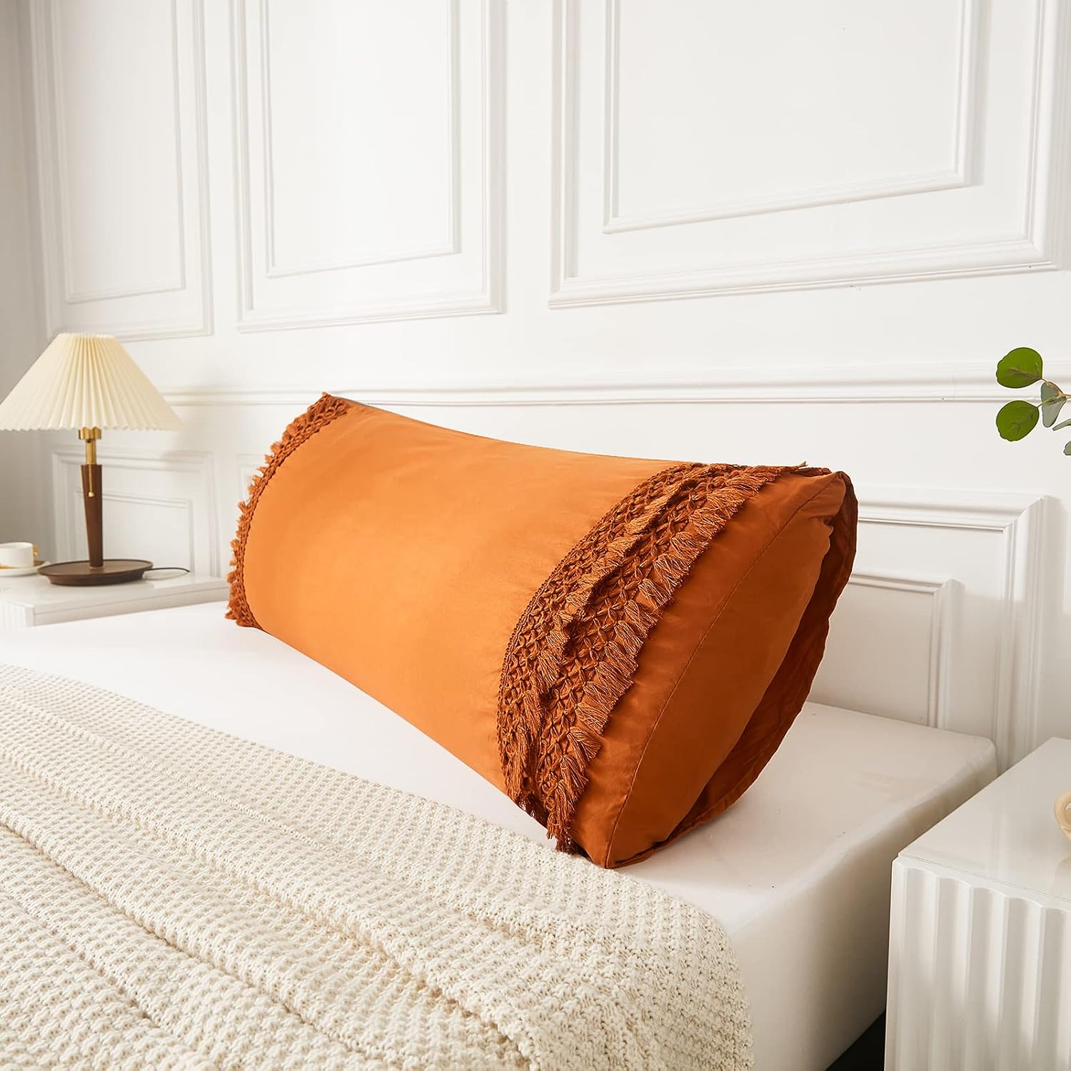Moveover Move Over Burnt Orange Body Pillow Cover Macrame Grid Tassel Body Pillow Case Cover Boho Chic Decorative Pillow Case Covers 20x54…
