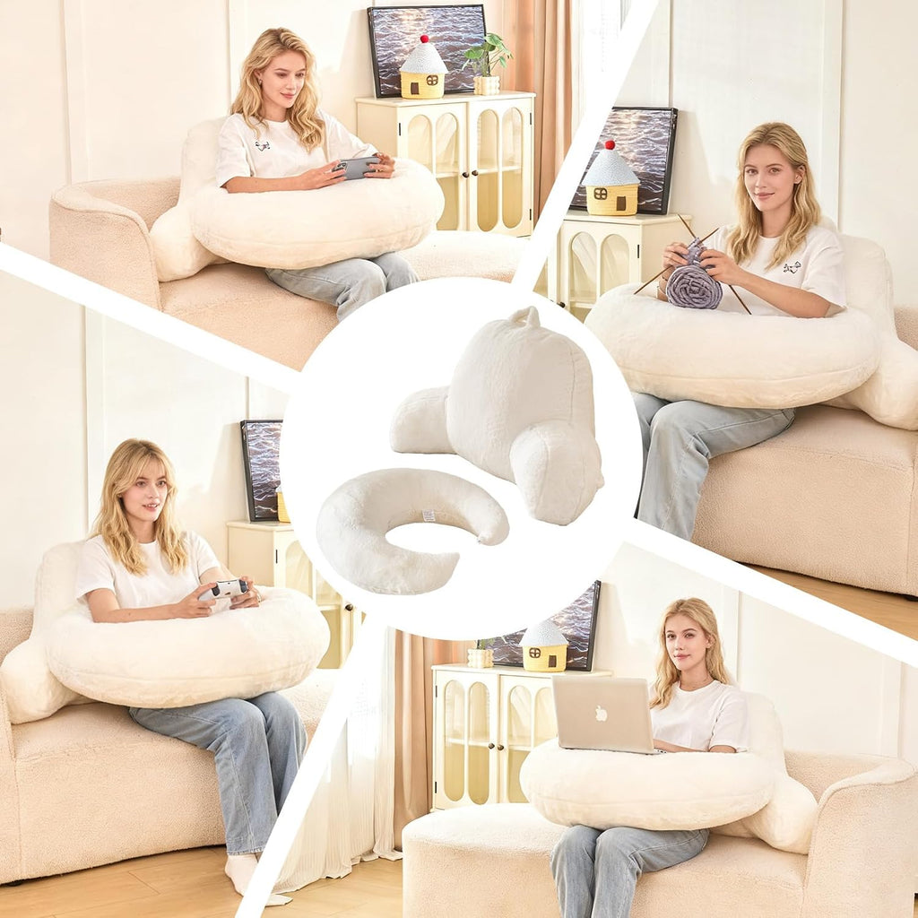 19" Faux Fur Reading Pillow for Bed, U Shaped Support Cushion with Lumbar & Arms, Luxurious Soft Backrest for Gaming, Lounging, Watching…