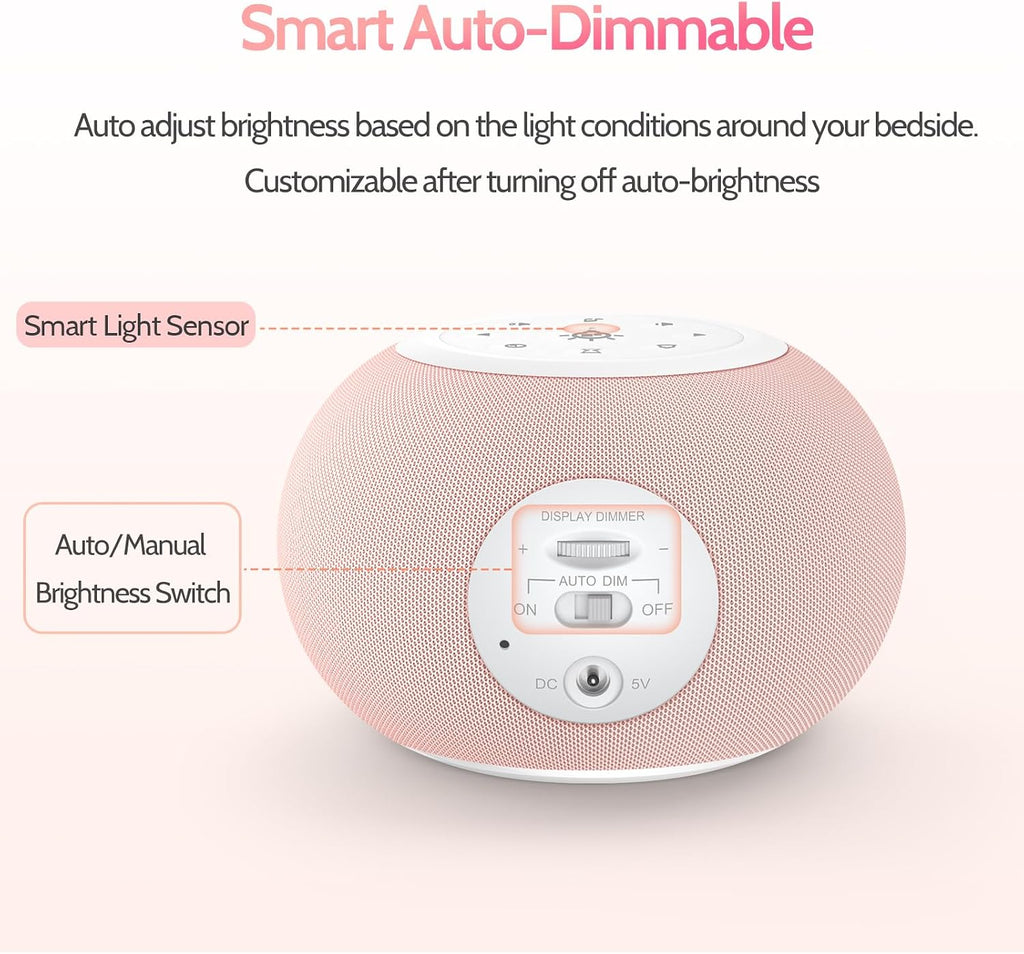 Reacher Auto Dimmable Sound Machine Alarm Clock with Night Lights, 20 Soothing Sounds, Sleep Timer, Precise Volume Control, Cute White…